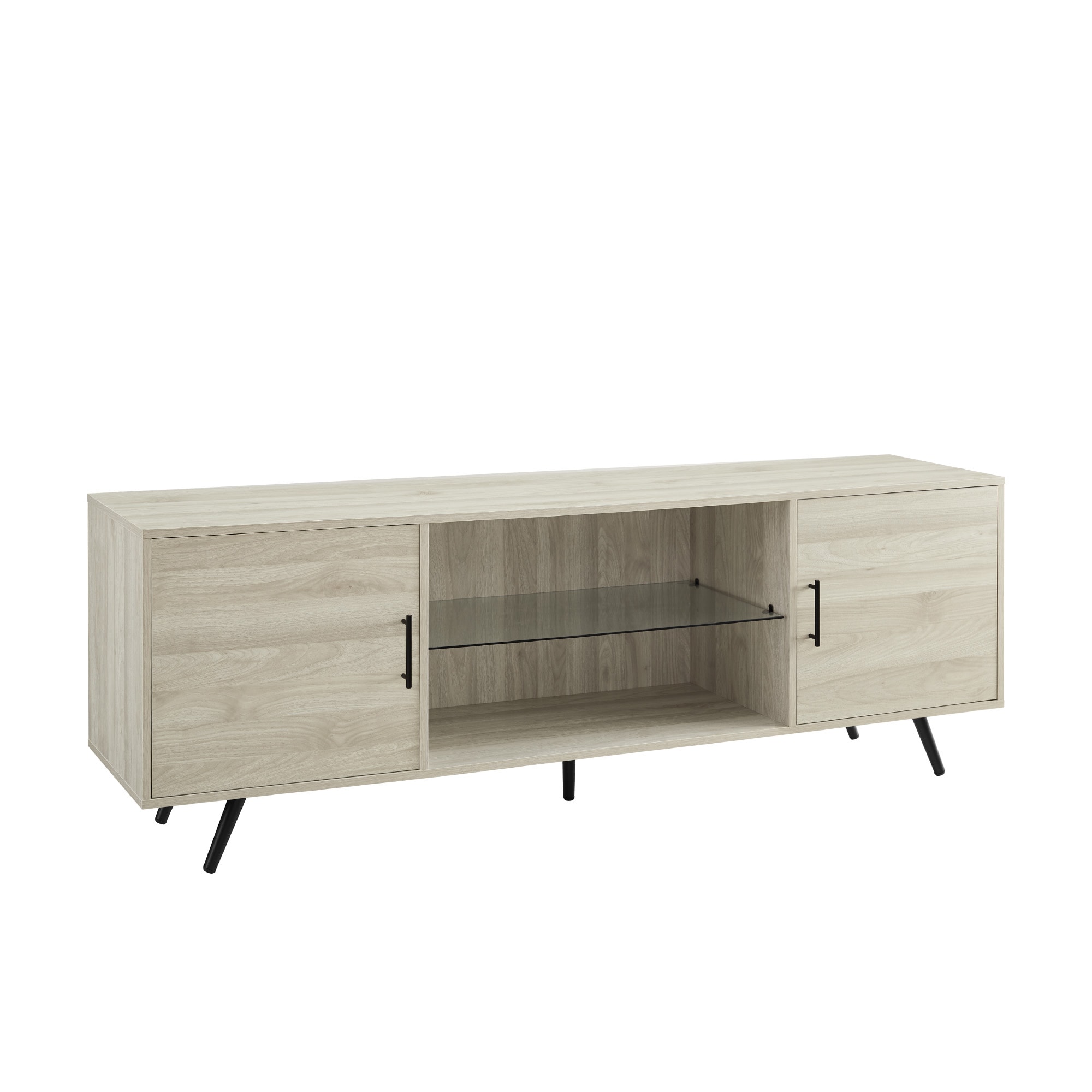 LOVMOR SF-M-B185P169366 MidCentury Modern 2Door 70Inch TV Stand for 80Inch TVs with Glass Shelf Birch
