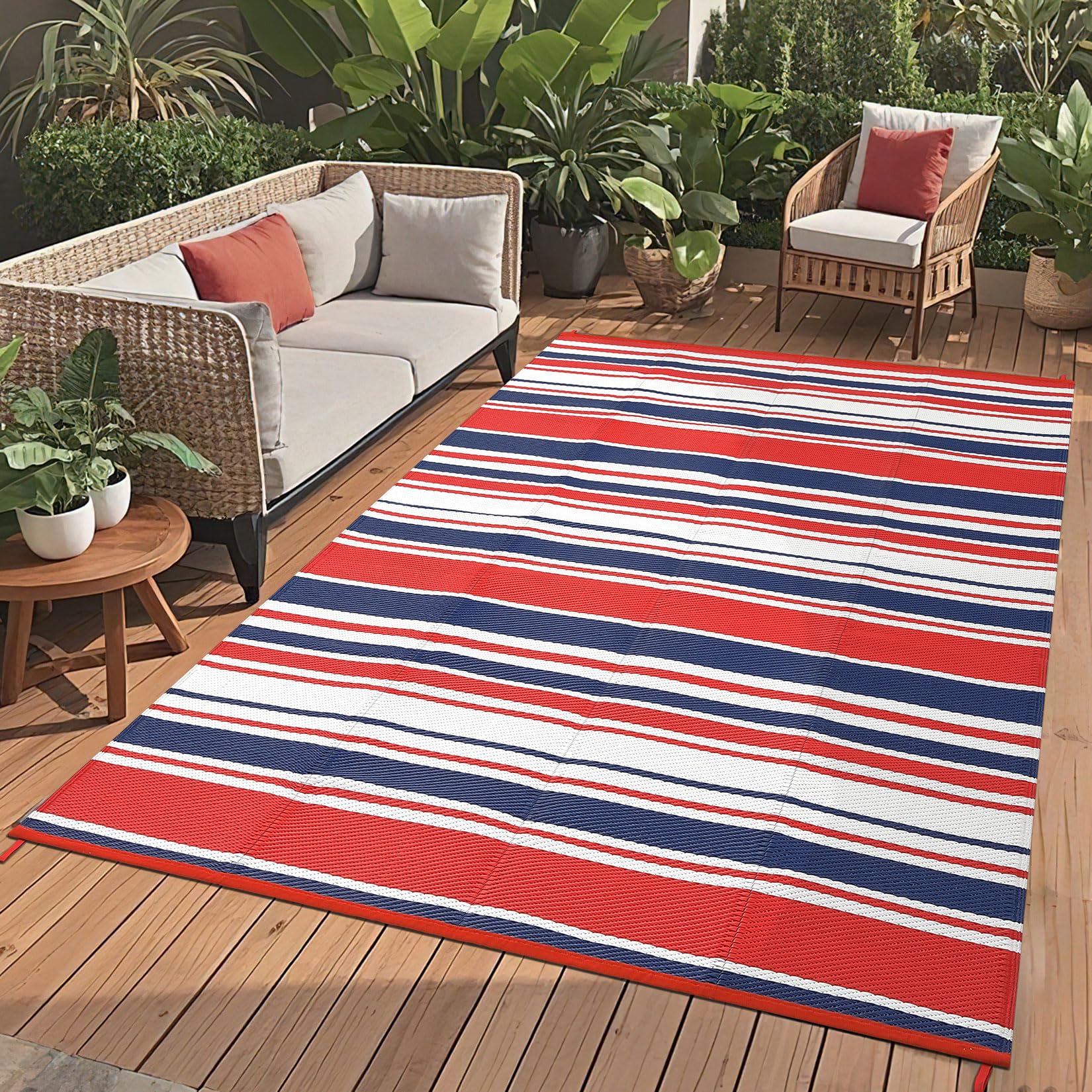 GarveeLife - 9-ft x 18-ft Striped Pattern Reversible Outdoor Area Rug Waterproof Plastic Straw Pa...
