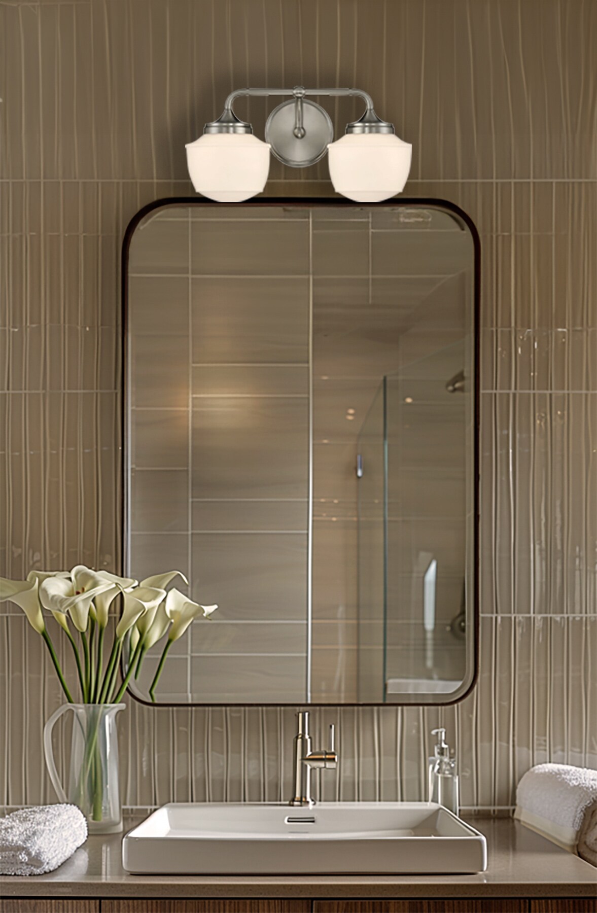 Cornwell Brushed Nickel and Opal Glass 2-Light Bath Vanity