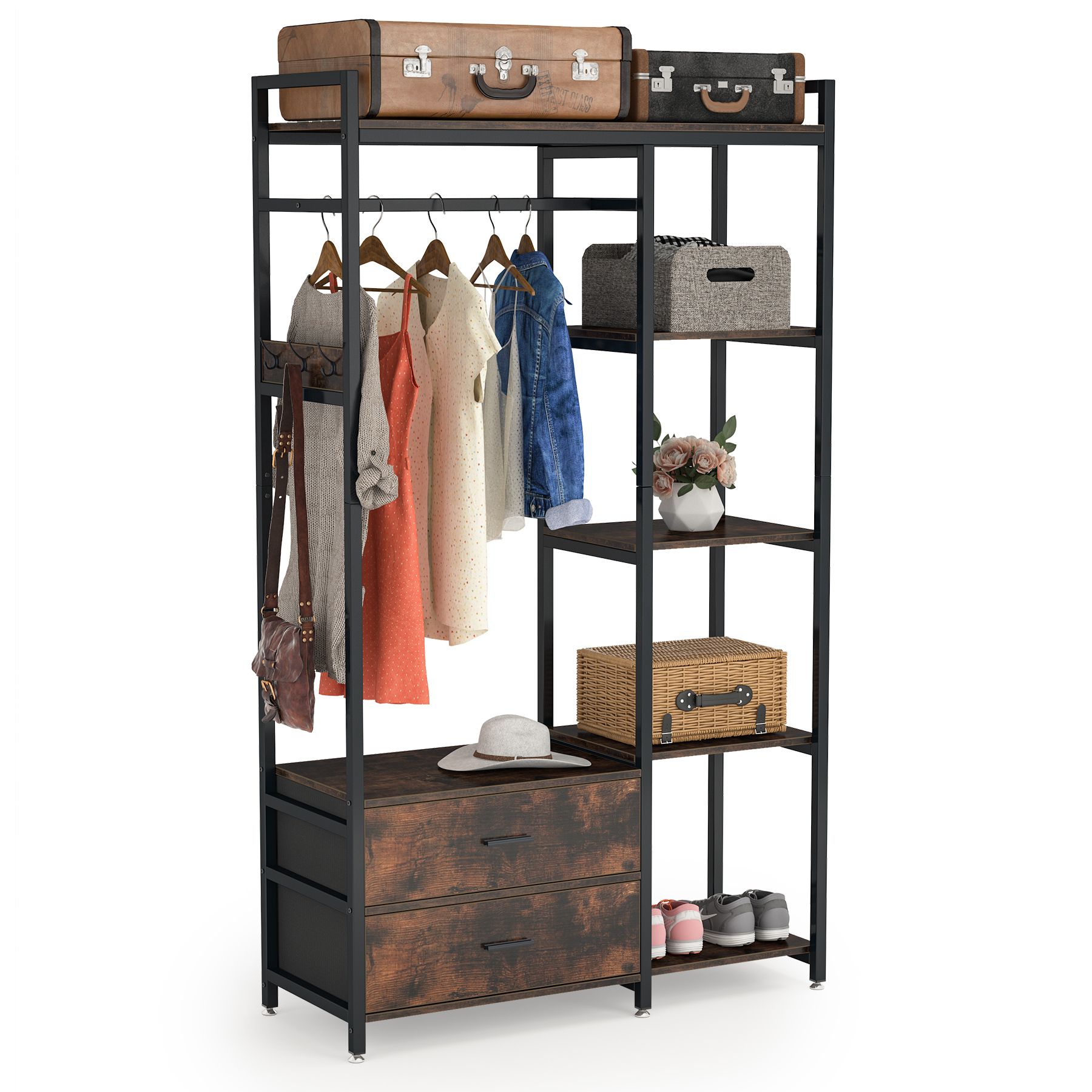 Tribesigns Free-Standing Closet Organizer,Heavy Duty Clothes Rack with 6 Shelves and Hanging Bar, Large Closet Storage System & Closet Garment Shelves