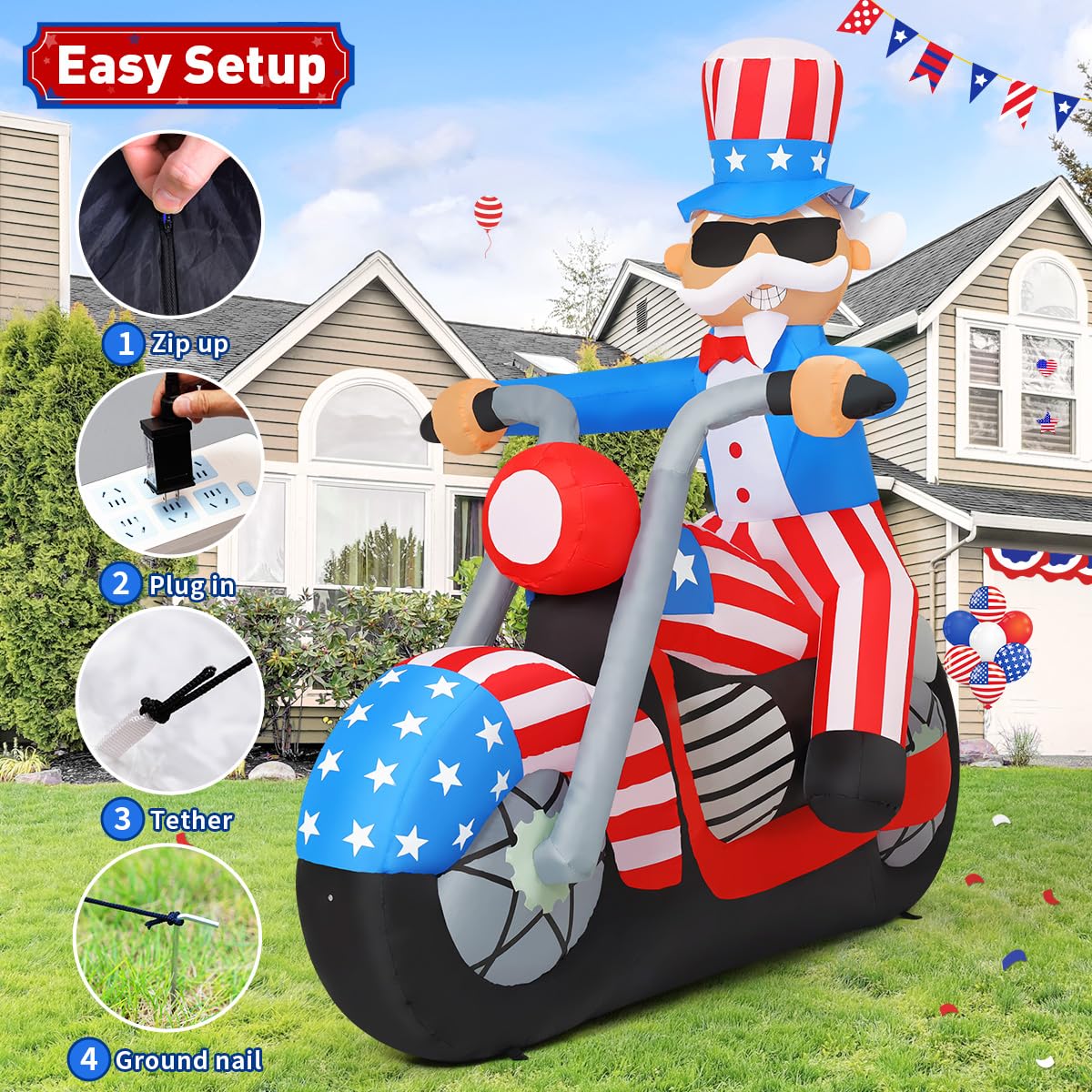 Patriotic Uncle Sam Inflatable on Motorcycle with LED Lights
