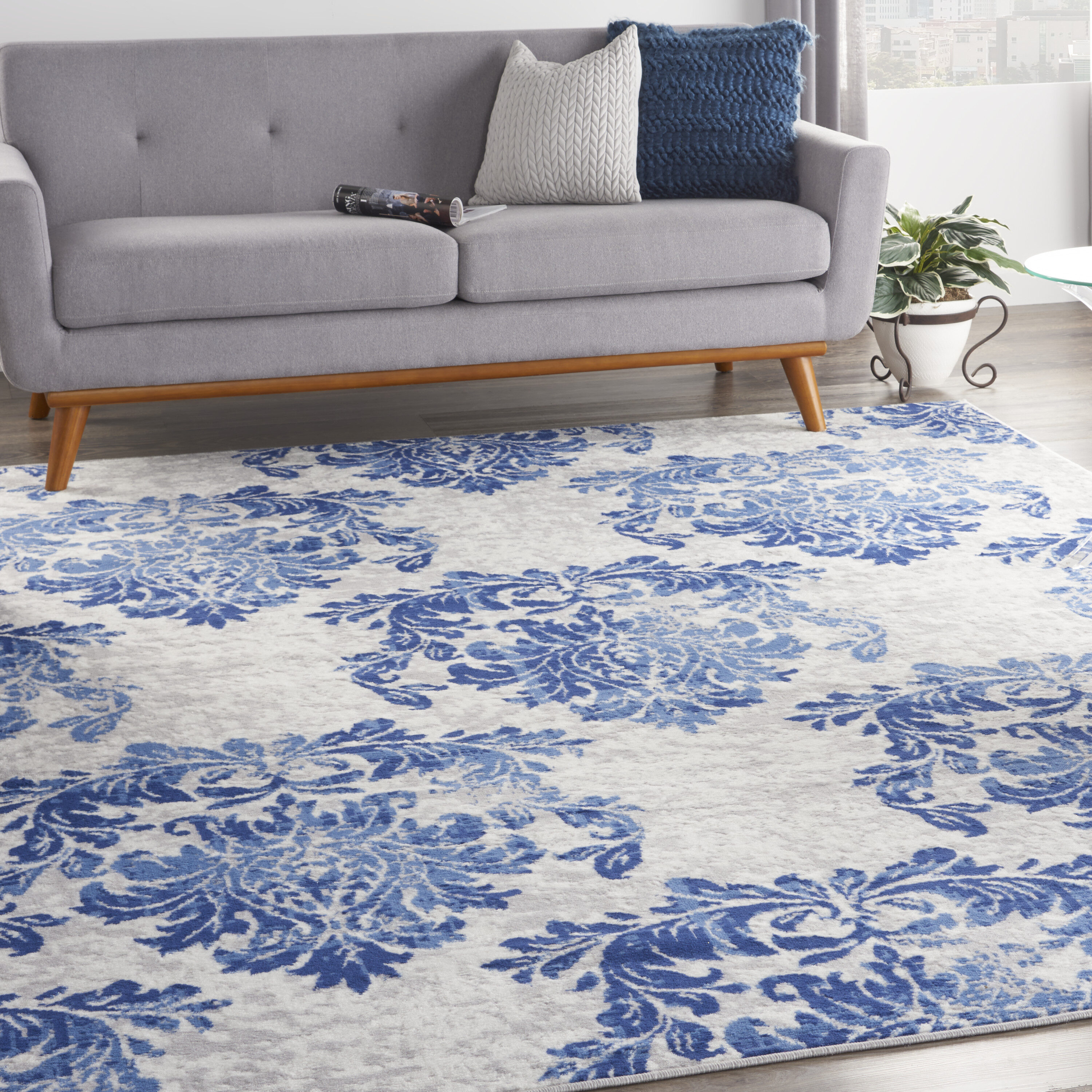 Nourison 99446833679 Whimsicle 7 x 10 (ft) Loomed Polypropylene Ivory Navy Rectangular Indoor Damask Area rug