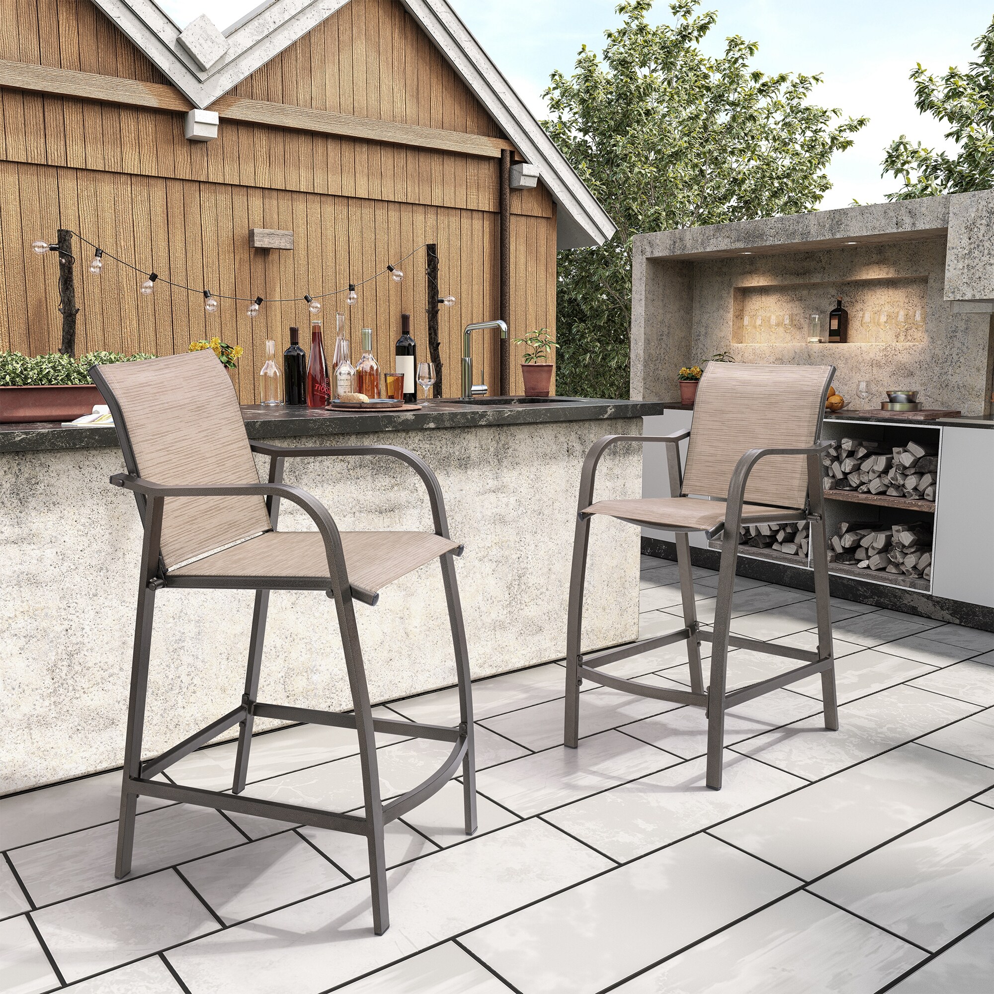 Espresso Aluminum Outdoor Counter Height Bar Stools Set of 2