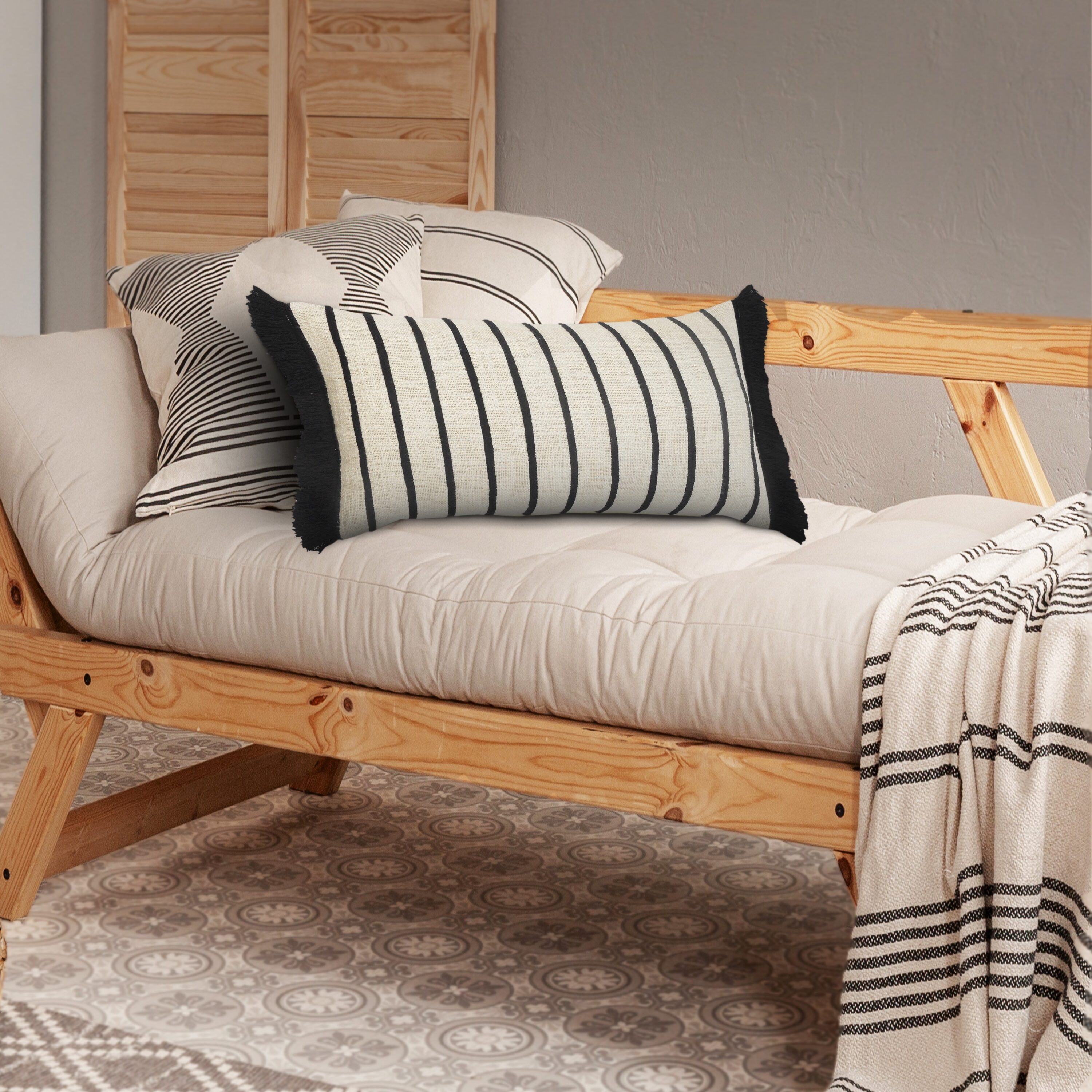 Ivory and Black Striped Cotton Fringe Throw Pillow 28" x 12"