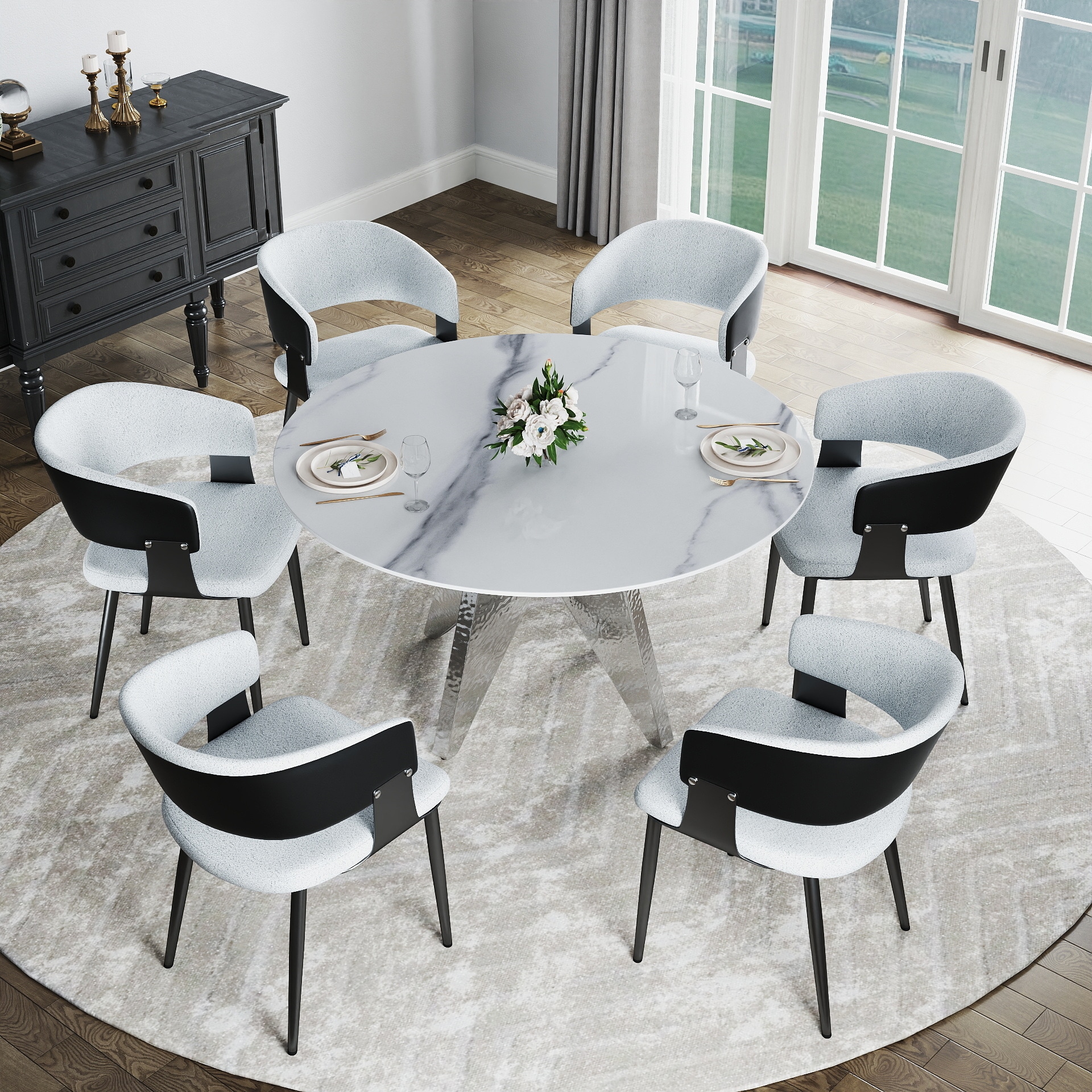 BuotiqHom DH-AT-135W-8S 53 in. White Round Contemporary/Modern Dining Table, Ceramic with Primed Steel 53-in L x 29.5-in H