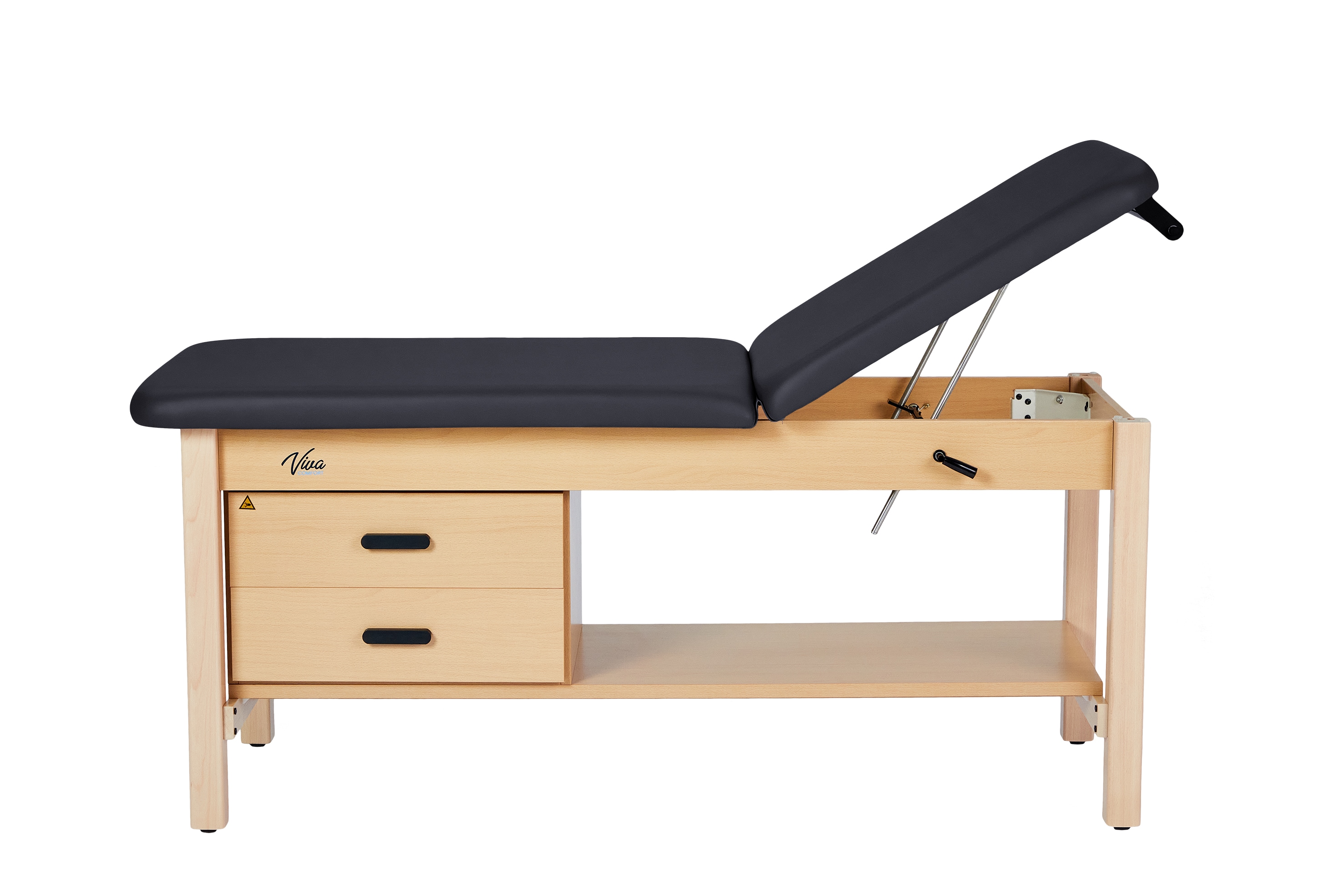 Viva Comfort Aristo Black Upholstered 500-lb Capacity Wood H-Brace Adjustable Back Bariatric Exam Treatment Table with Storage Drawer and Paper Roll Holder ( 72-in W x 31-in H )