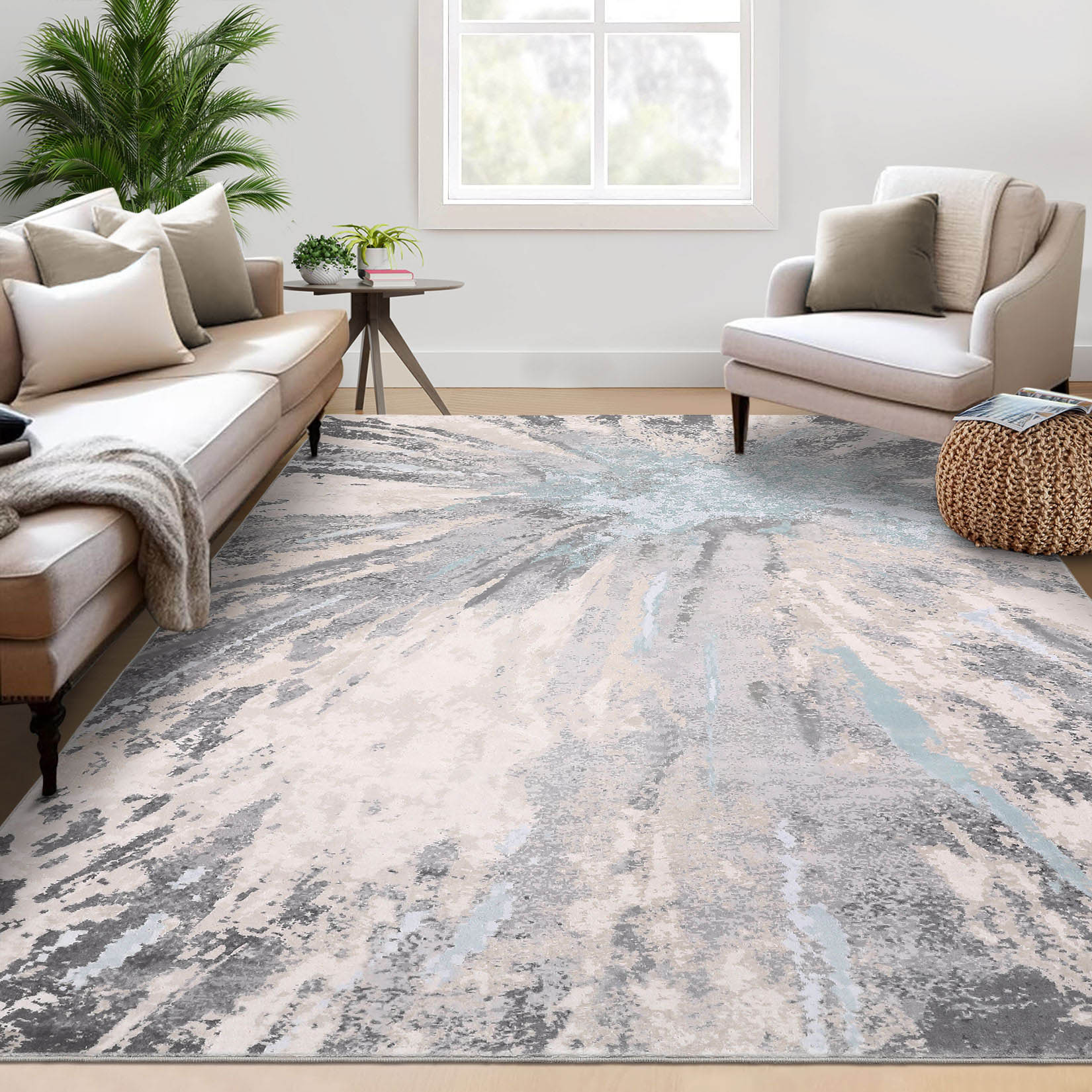 Garvee YXY-LO-PHO-15B11RZF 5 x 7 (ft) Loomed Light Blue Rectangular Indoor Abstract Mid-Century Modern Machine washable Area rug