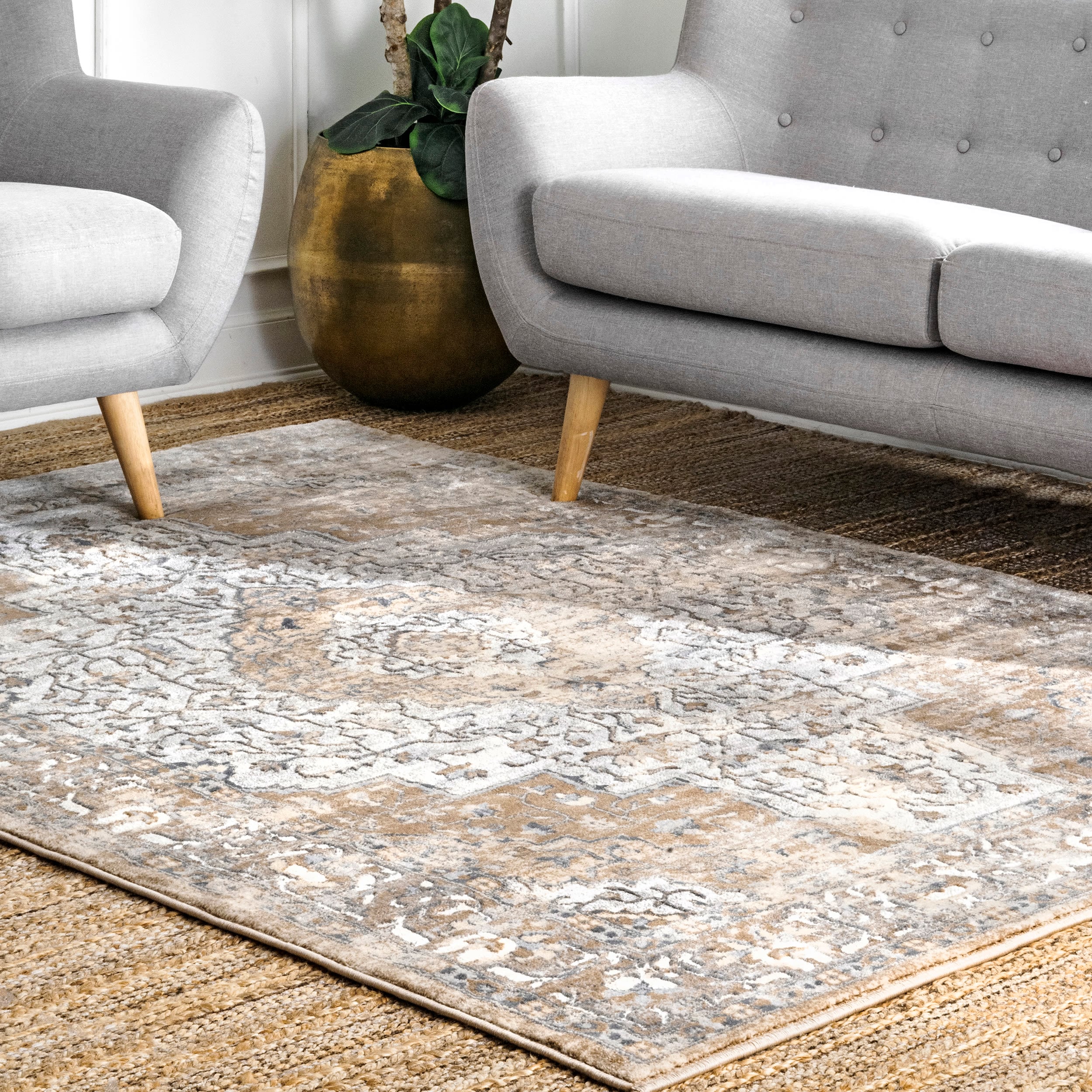 Beige and Gray Synthetic Medallion Rectangular Area Rug
