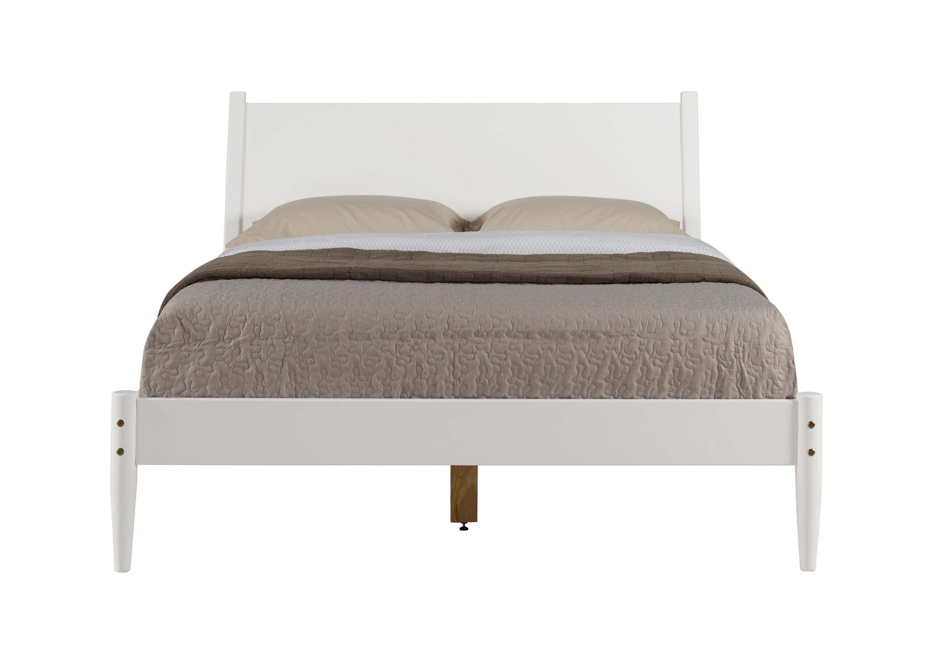 Elegant Pine Wood Queen Bed with Sleek Mid-Century Design in White