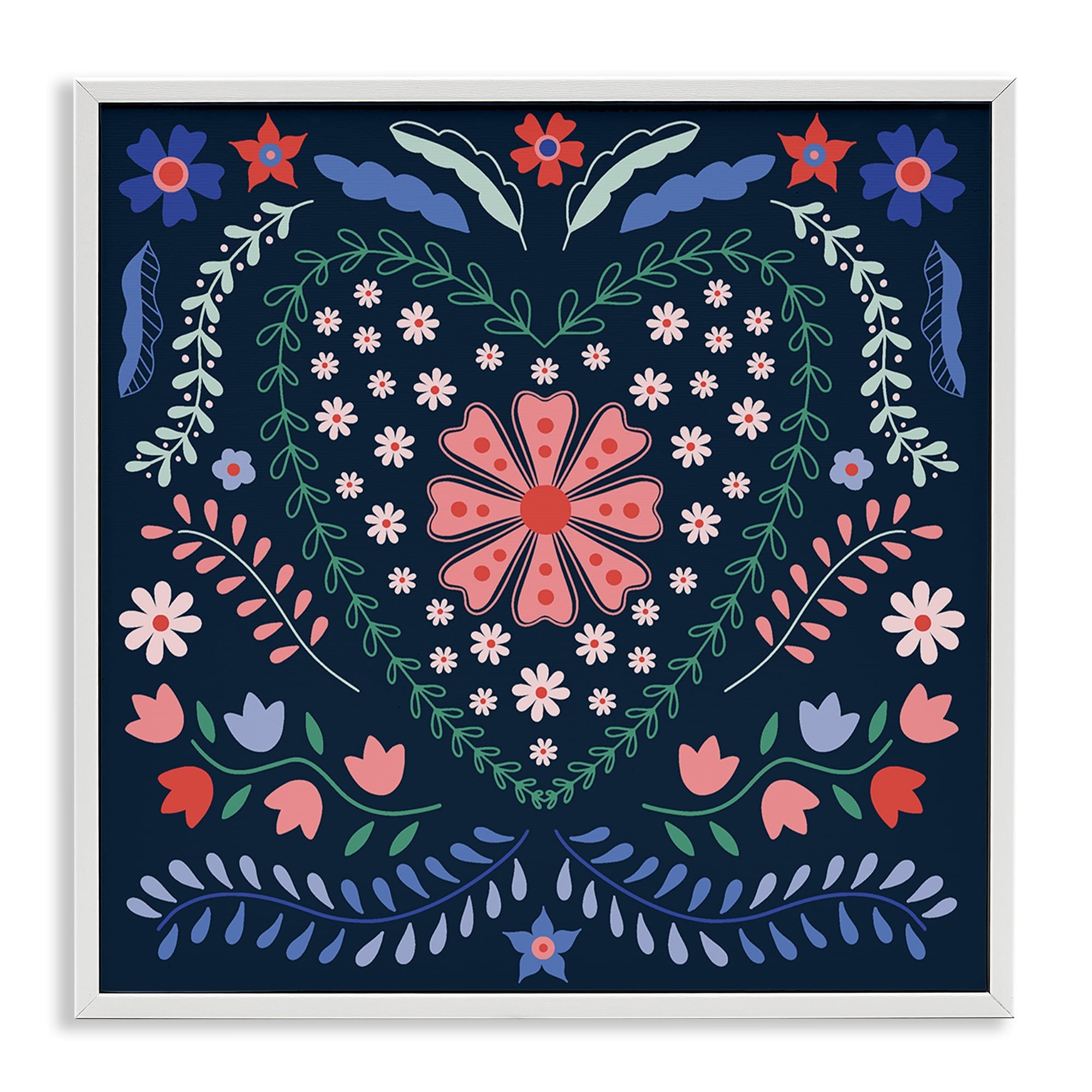 Stupell Industries BT-513-WFR-24X24 Folk Flowers in Heart Pattern White Framed Giclee Art By Sazerelli Designs 24 x 24