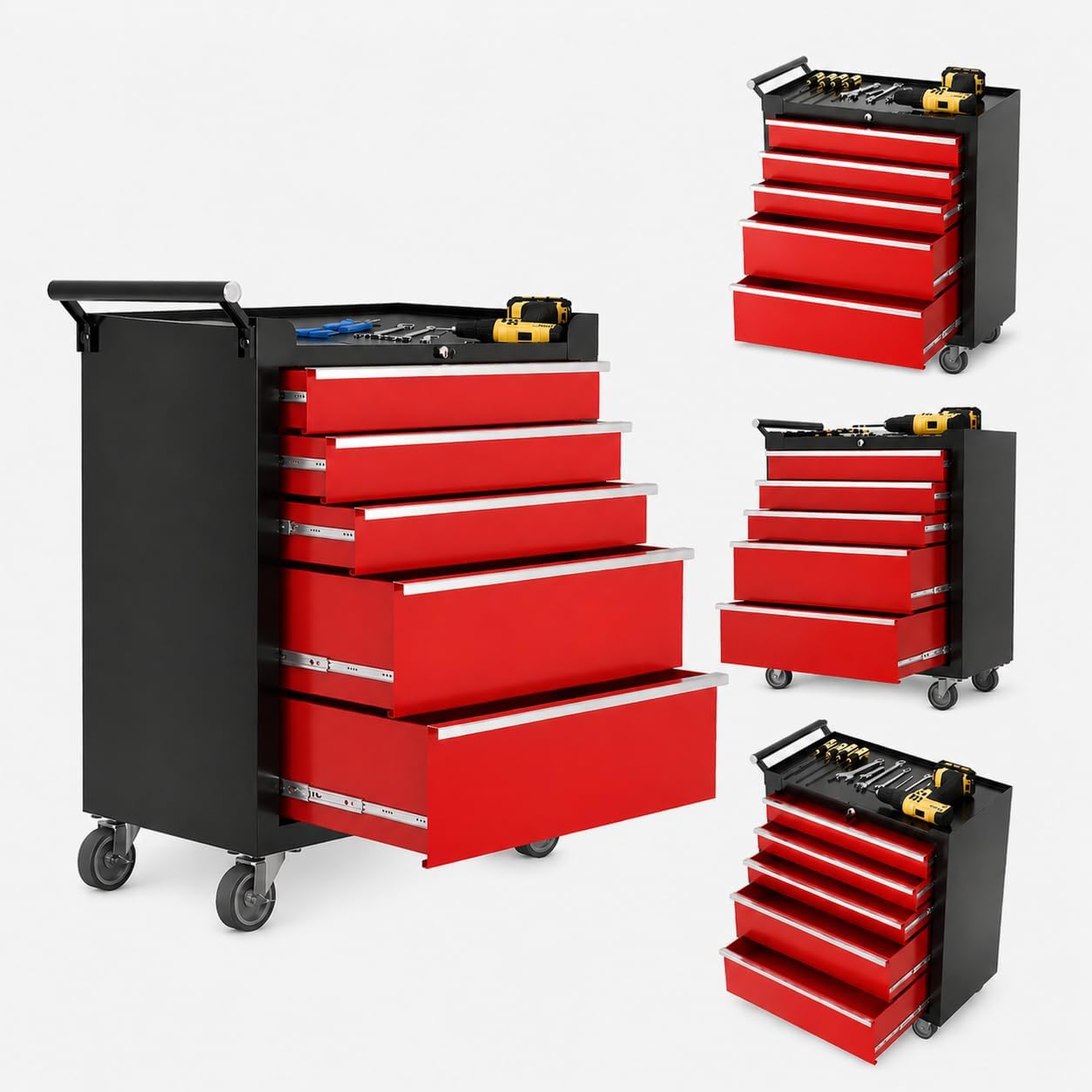 GAOMON - 5-Drawer Rolling Tool Cabinet with Lock Sliding Drawers and Side Handle Mobile Tool Ches...