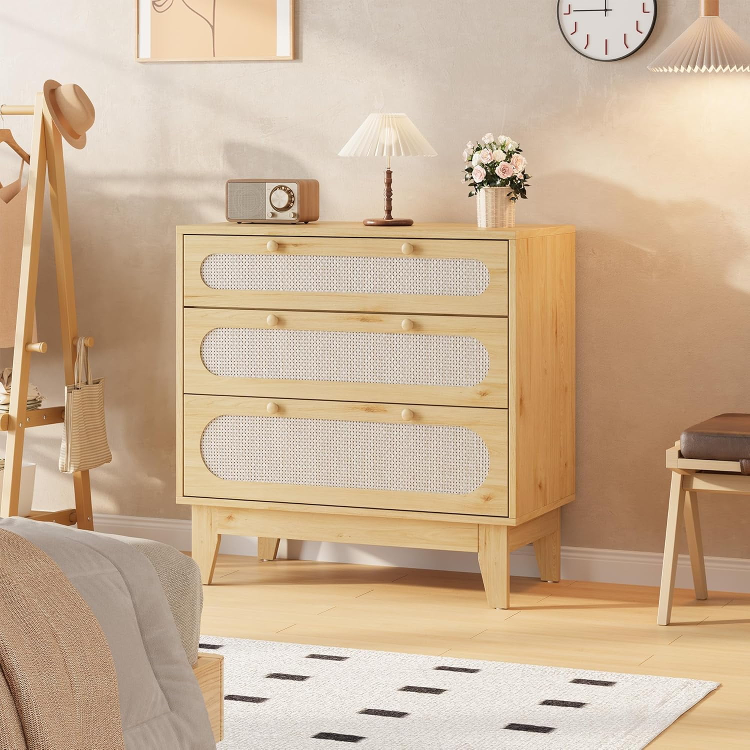 Der Rose Chest of Drawers  3-Drawer Small Storage Cabinet  Natural Wood Finish  Compact  Durable  Modern Bedroom or Living Room O