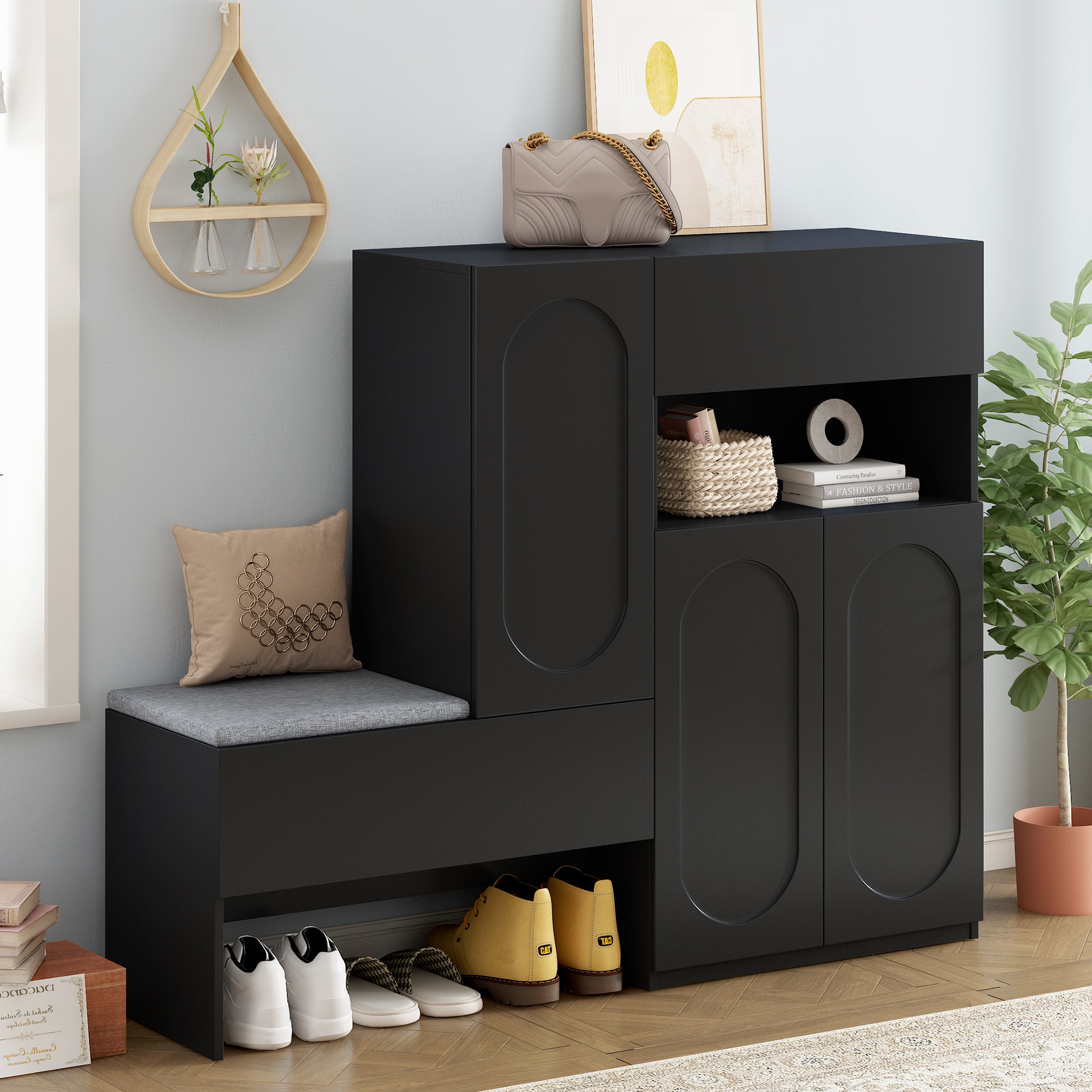 LOVMOR SF-WO-W721P245716B ON TREND Elegant 2 in 1 Shoe Cabinet Soft Cushion Modern Storage Bench Arched Doors Hallway Living Room Black