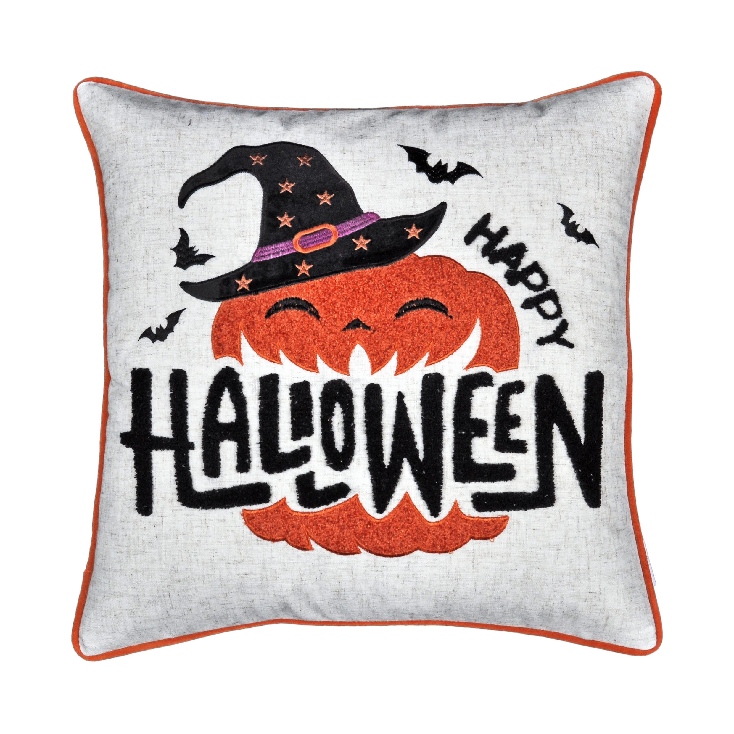 VELMONT INC Happy Halloween Pumpkin Witch Hat Throw Pillow Set of 2 with Embroidery Natural Polyester 20 x 20 Inch Square Decorative Pillows