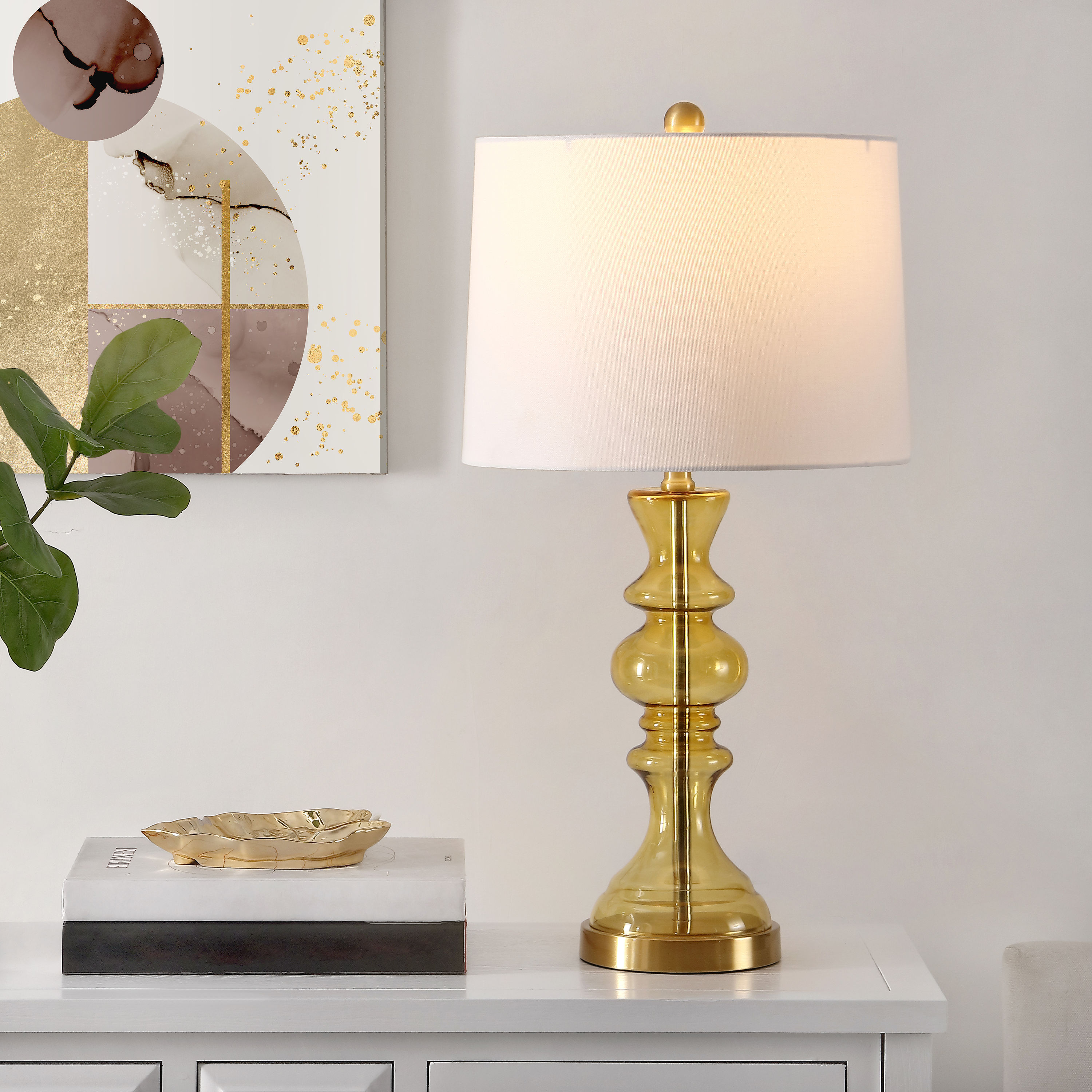 White Glass Candlestick Table Lamp with Cotton Shade
