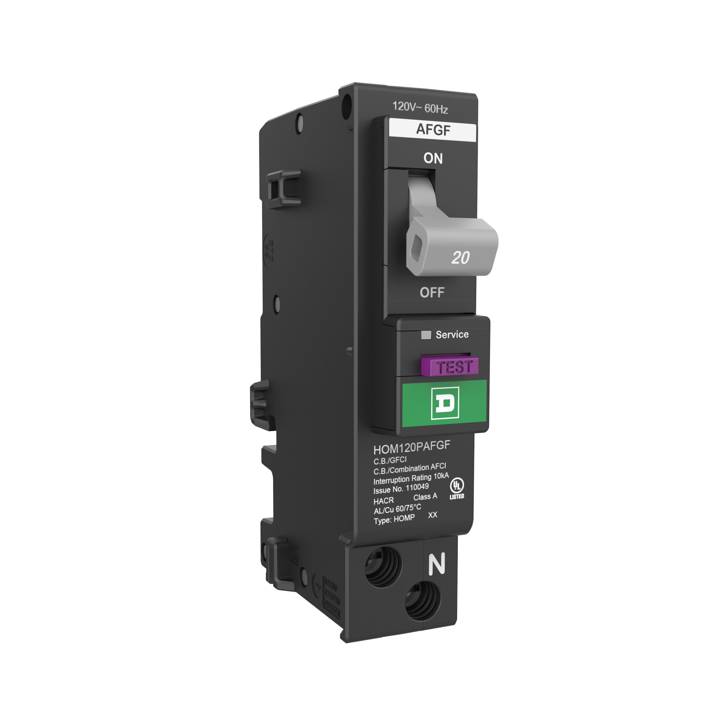Square D HOM120PAFGFC Homeline 20-amp 1-Pole Dual Function AFCI/GFCI Plug-on Neutral Circuit Breaker
