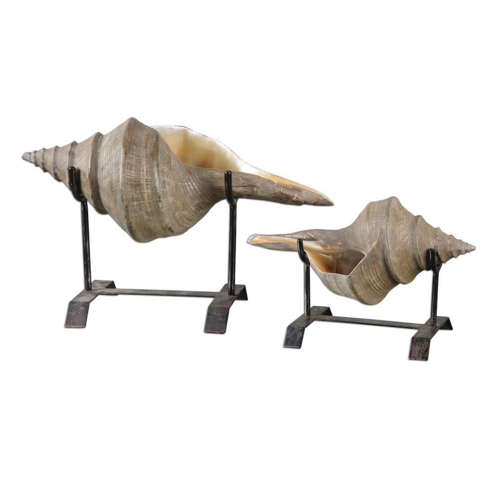 Global Direct 19556 12-in Natural Looking Shell On Matte Black Metal Stands 85% Polyresin, 15% Iron Tabletop Decoration