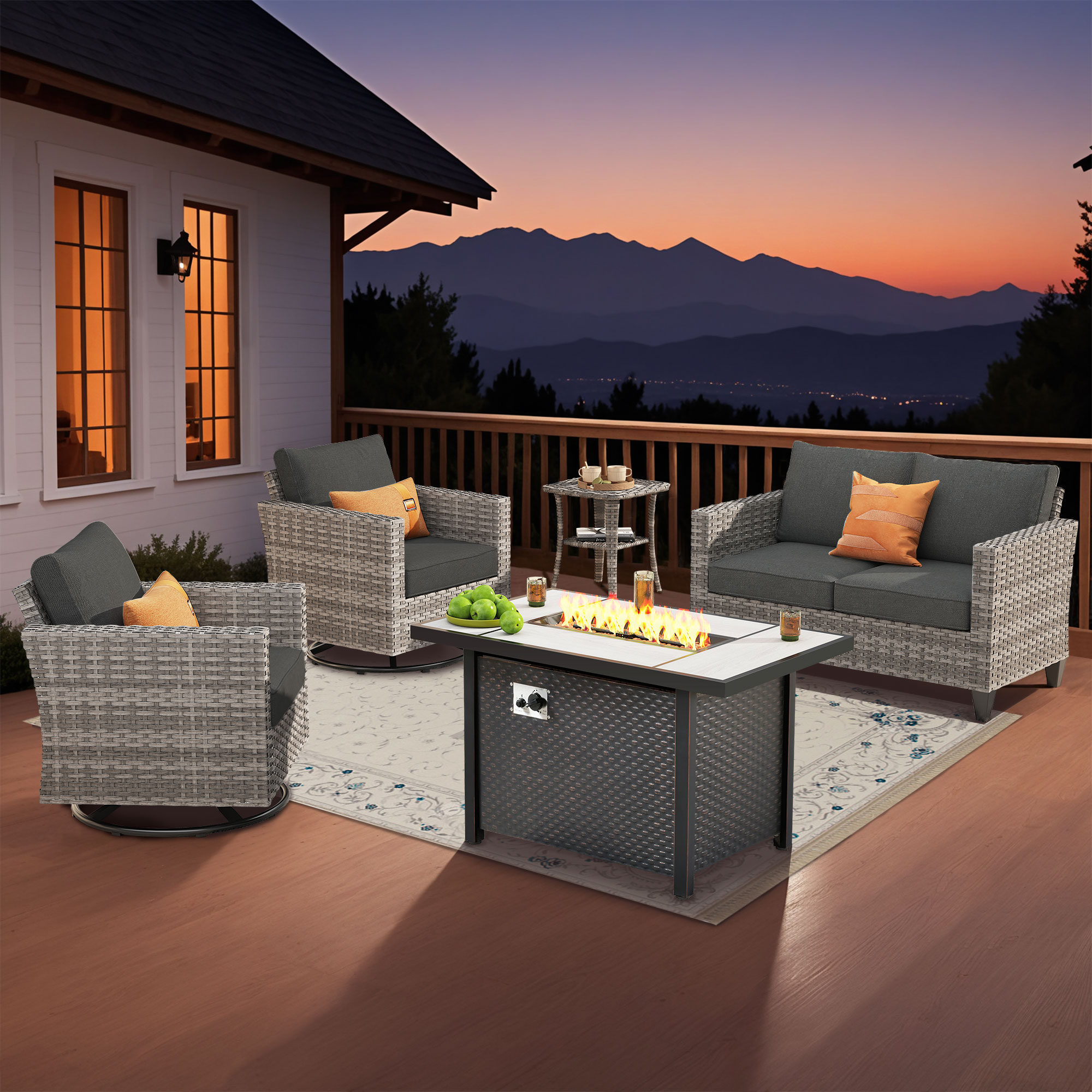 Pouuin SYZGR105 5 -Piece Wicker Patio Conversation Set with Black Cushions