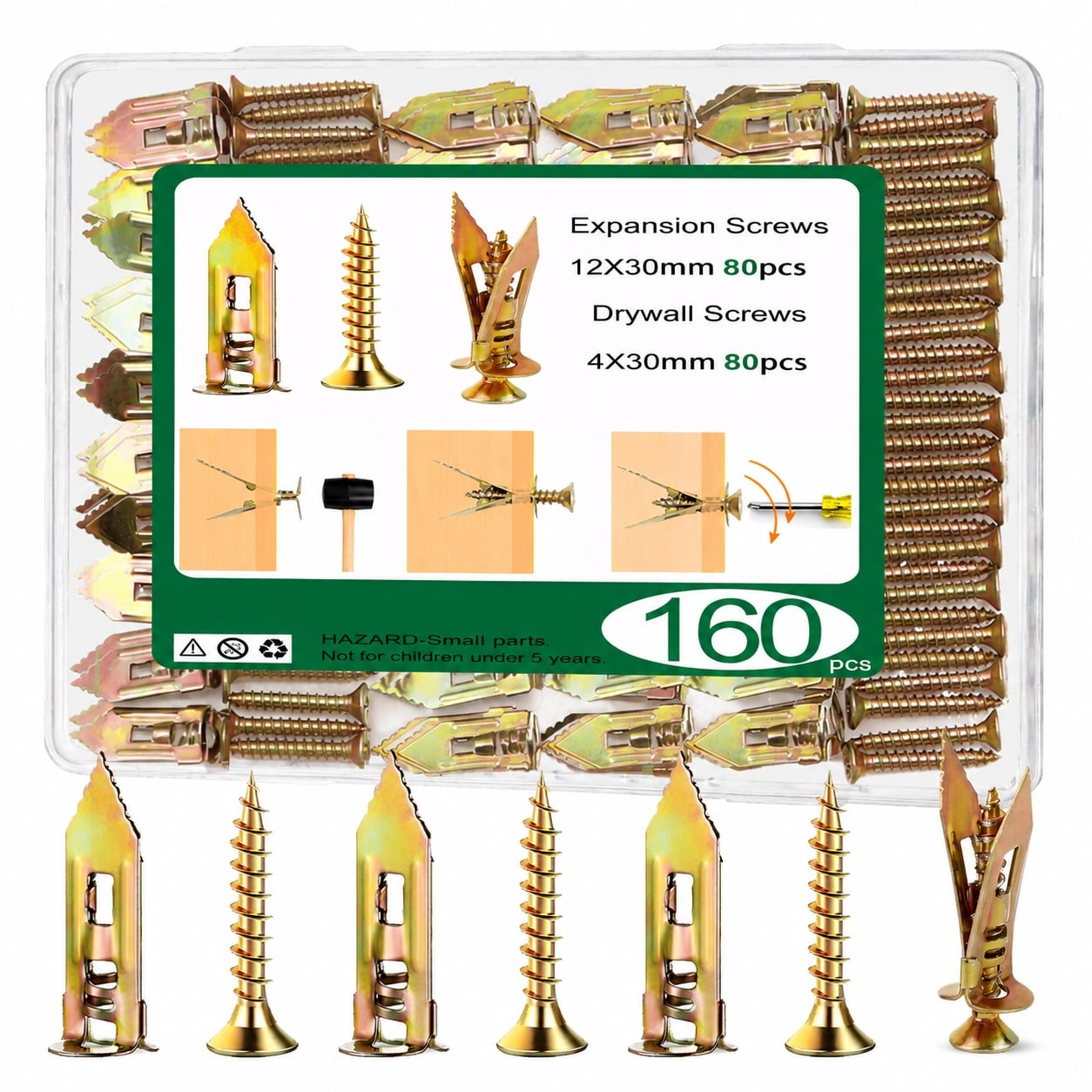 DYRCJ  160 PCS Self Drilling Drywall Anchors with Screws Zinc Plated Steel Hollow Wall Anchors 0.47 by 1.18 inch Easy Application No Pre Drilling