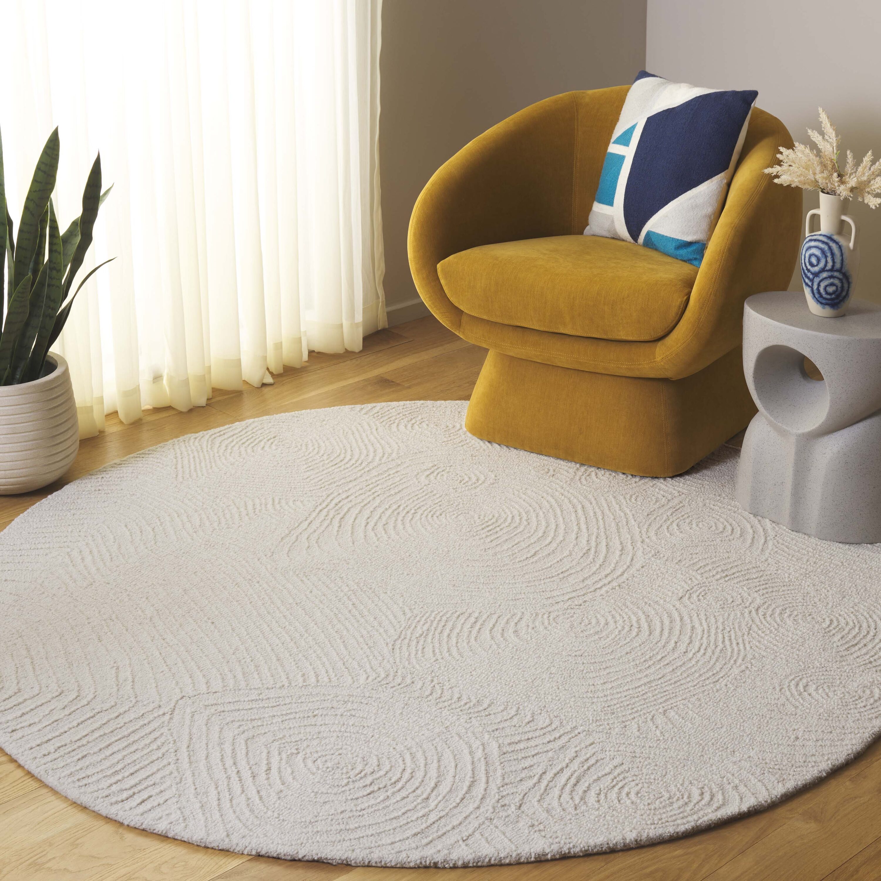  Mykonos 104 Ivory Contemporary 6ft x 6ft Round Rug