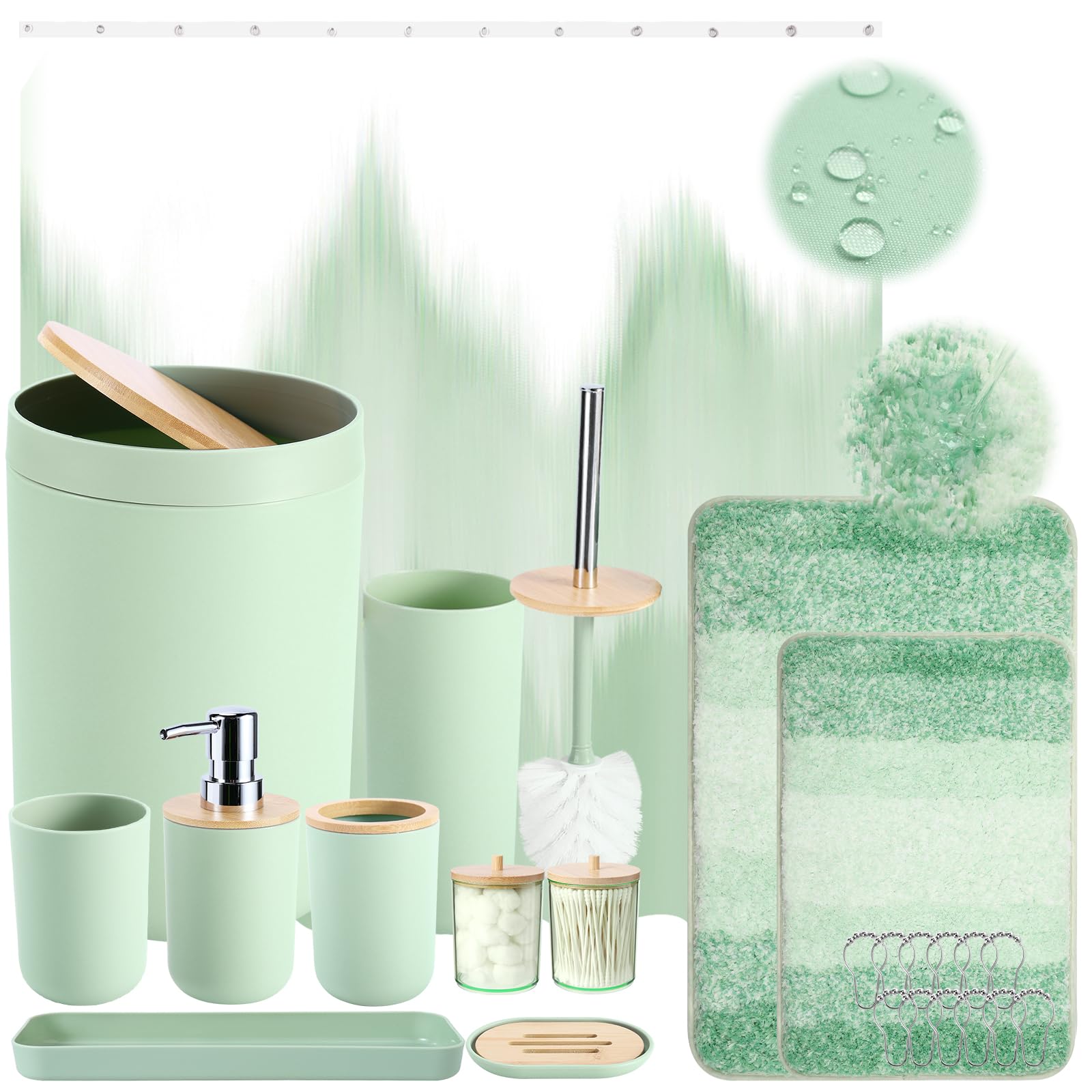 Lovav Green Bath Set Shower Curtain+Bath Rug  8 Piece Plastic Bathroom Accessory Set With Soap Dispenser Toothbrush Holder Toilet Brush And Trash Can
