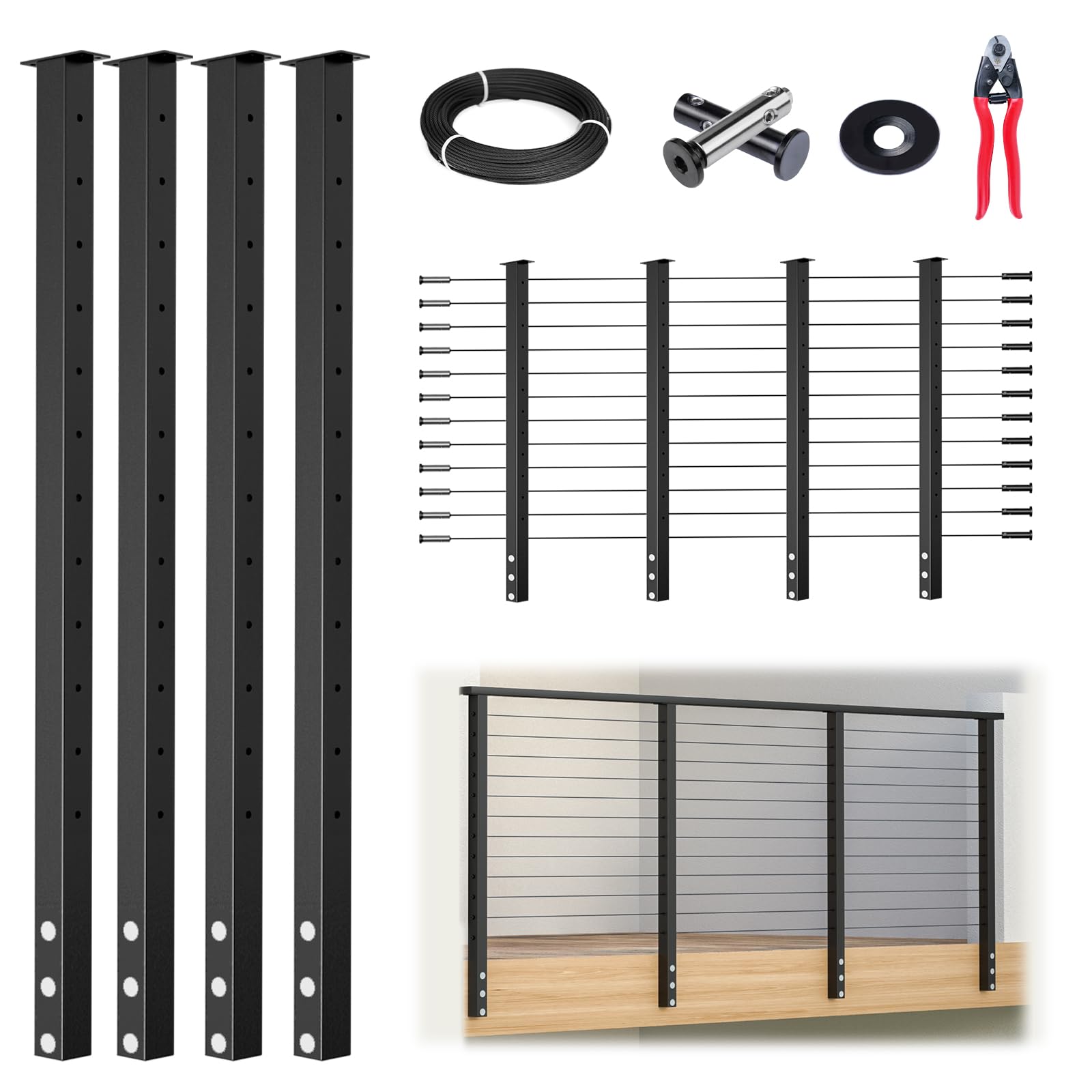 Phyfalip  Modular Black Side Mount Cable Railing Kit 15 to 20 Foot Adjustable 42 Inch 4 Level Post Kit Complete Set for Decks Includes User Guide