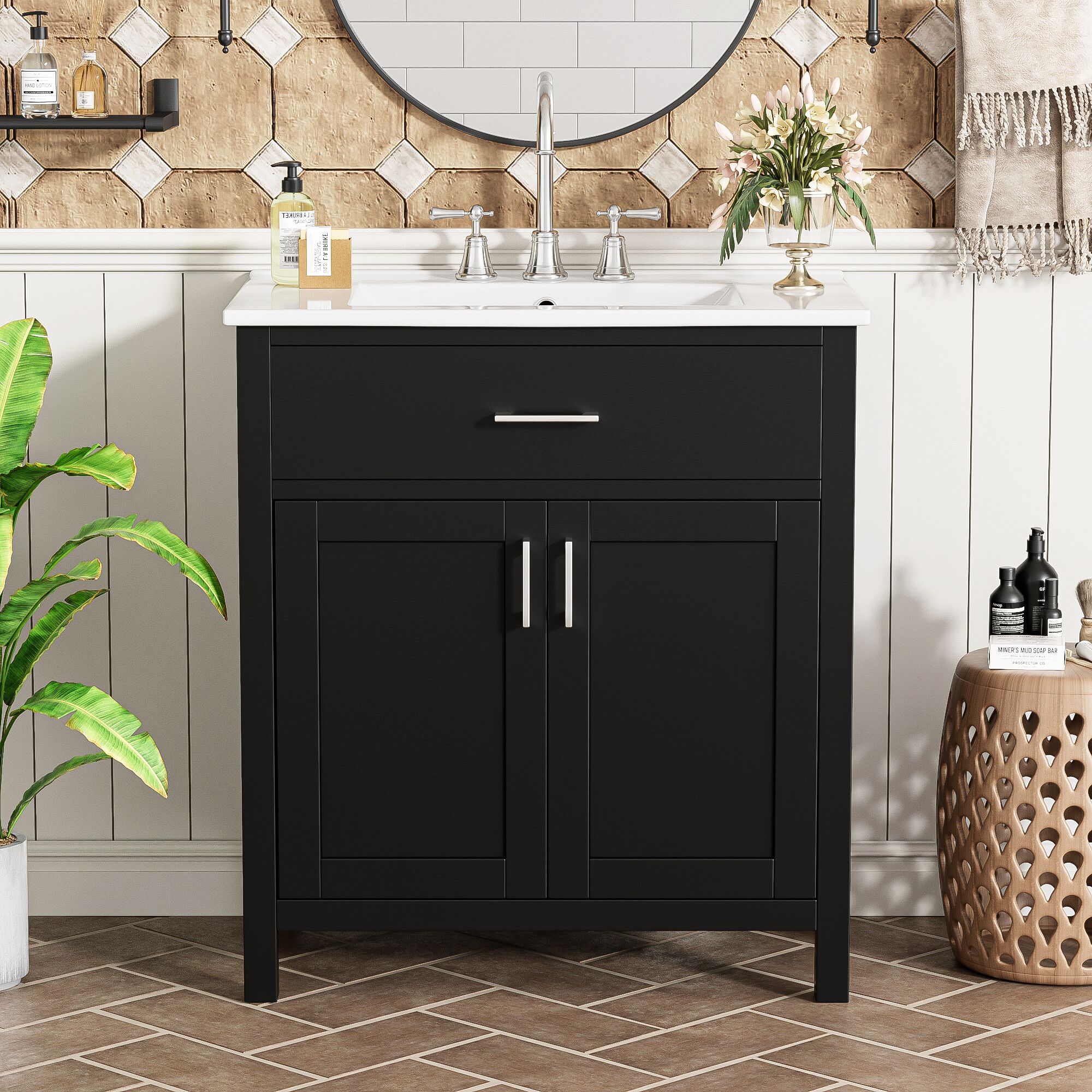 Afhocomp 30-in Single Sink Freestanding Black Bath Vanity with White Integral Ceramic Basin