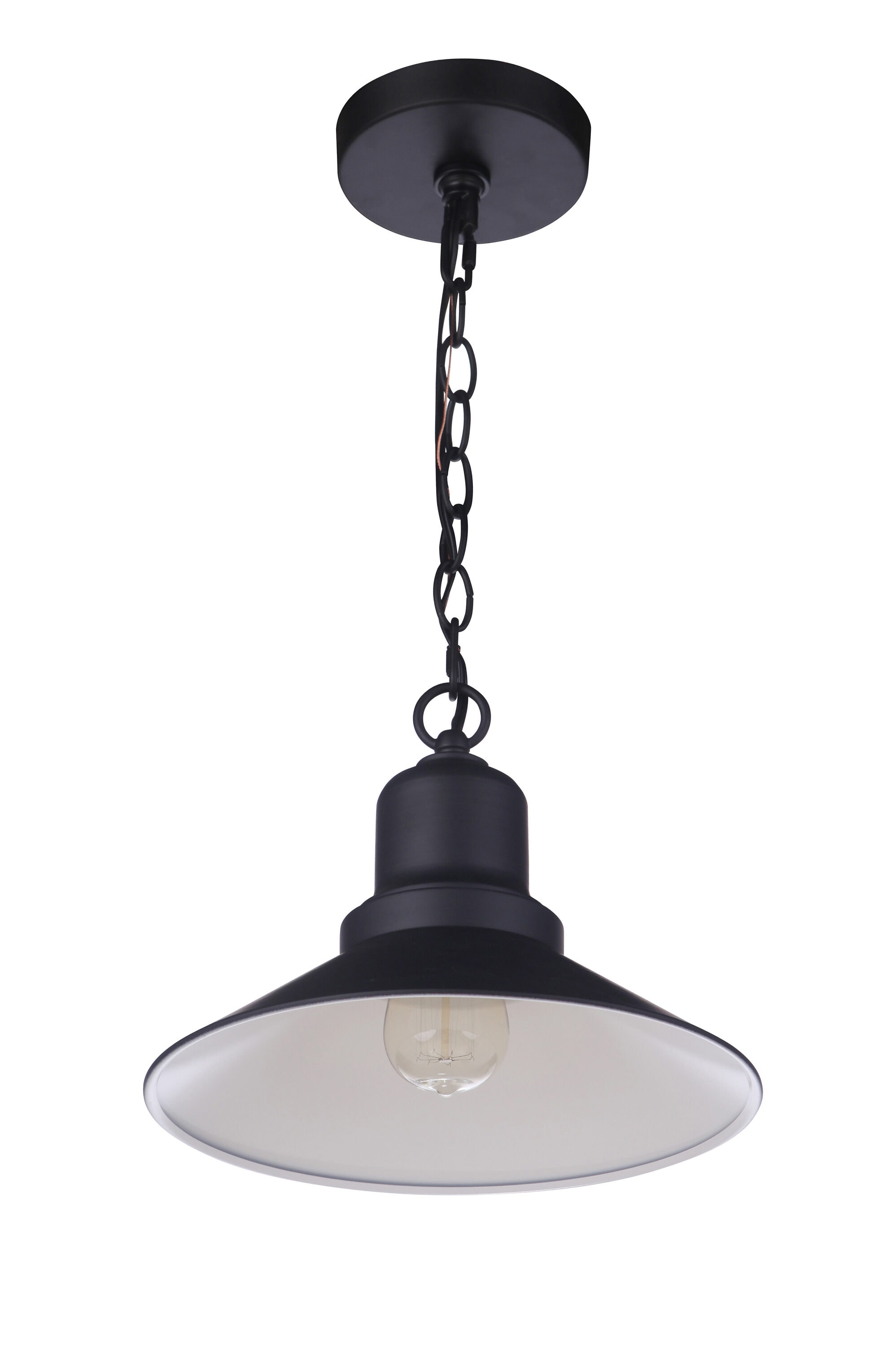 Midnight Black Metal Outdoor Pendant Light with White Interior