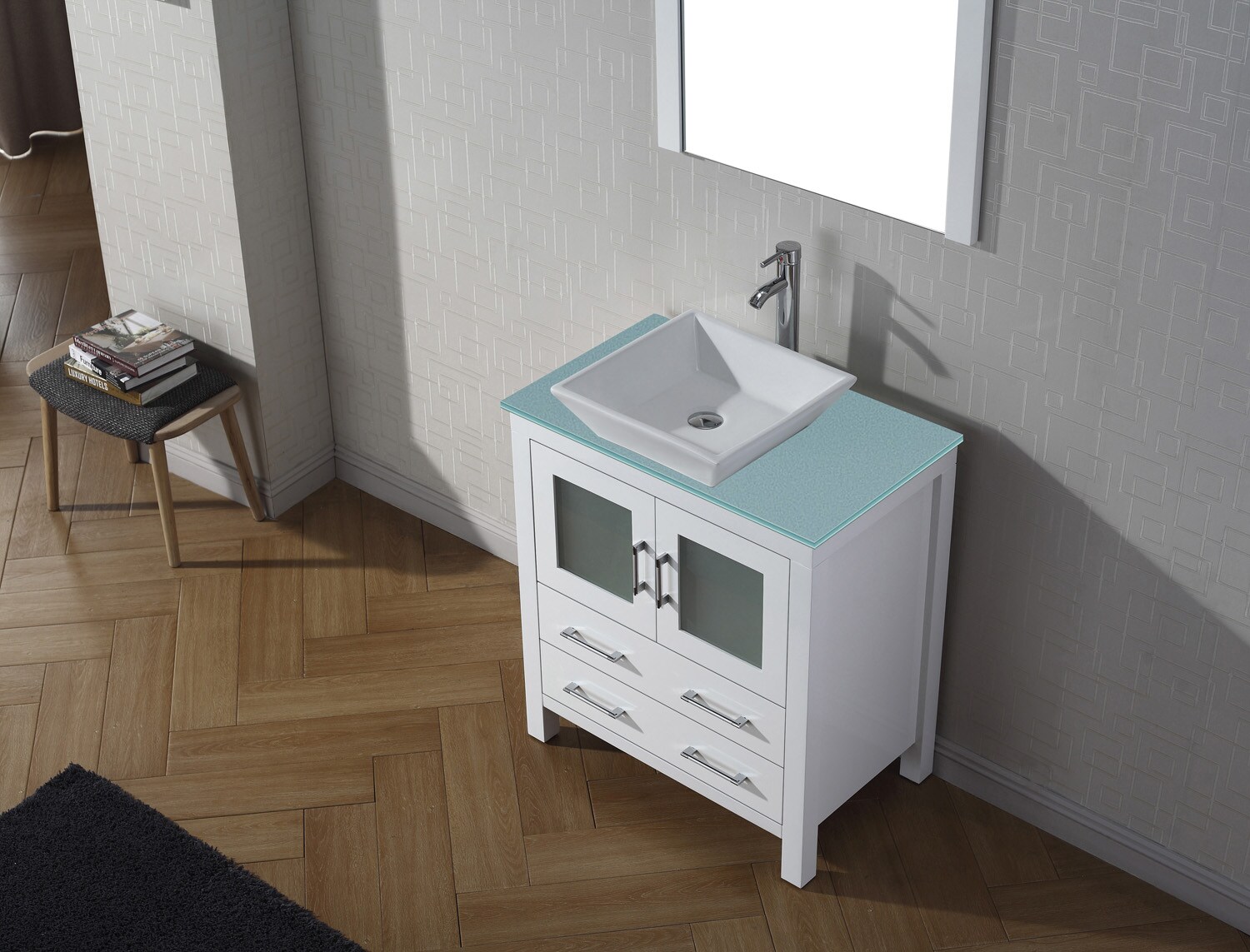 Virtu Usa Dior 30 In White Single Sink Bathroom Vanity With Aqua Tempered Glass Top Mirror 