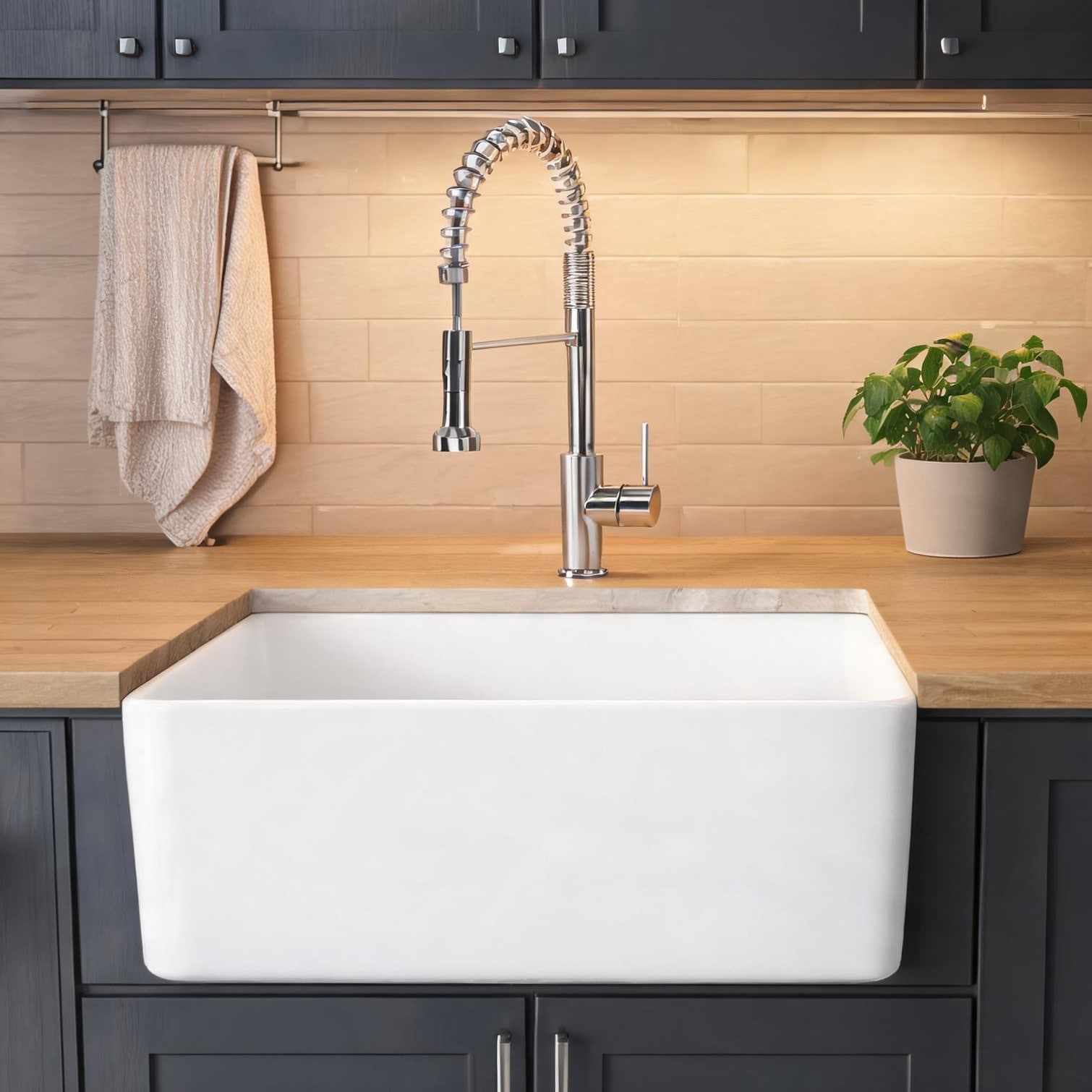 Naturefalls Soft white ceramic farmhouse kitchen sink with deep single bowl and apron front