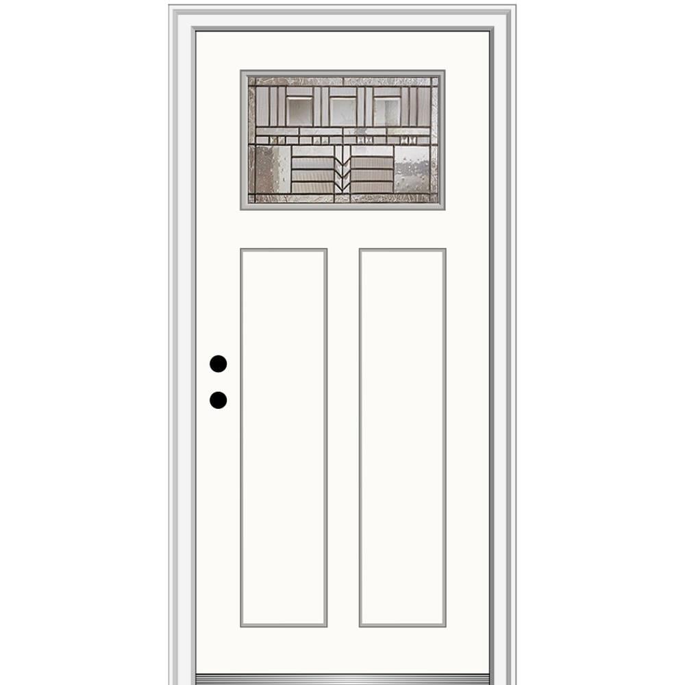 MMI DOOR ZZ3664618R 32-in x 80-in x 6-9/16-in Fiberglass Craftsman Right-hand inswing Alabaster Painted Prehung Front Door with Brickmould Insulating core