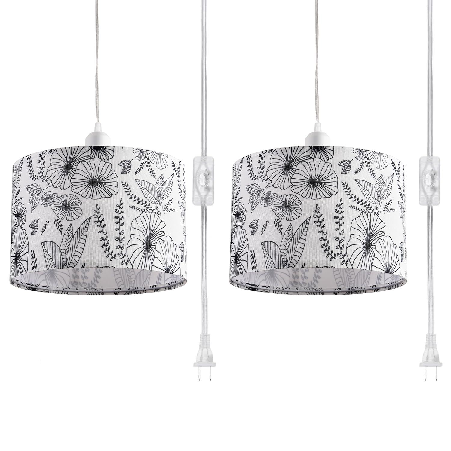 Anqtovp  2 Pack Plug in Pendant Light with Flower Fabric Lamp Shade and 15Ft Clear Cord On Off Switch Hanging Light Fixture for Bedroom Kitchen