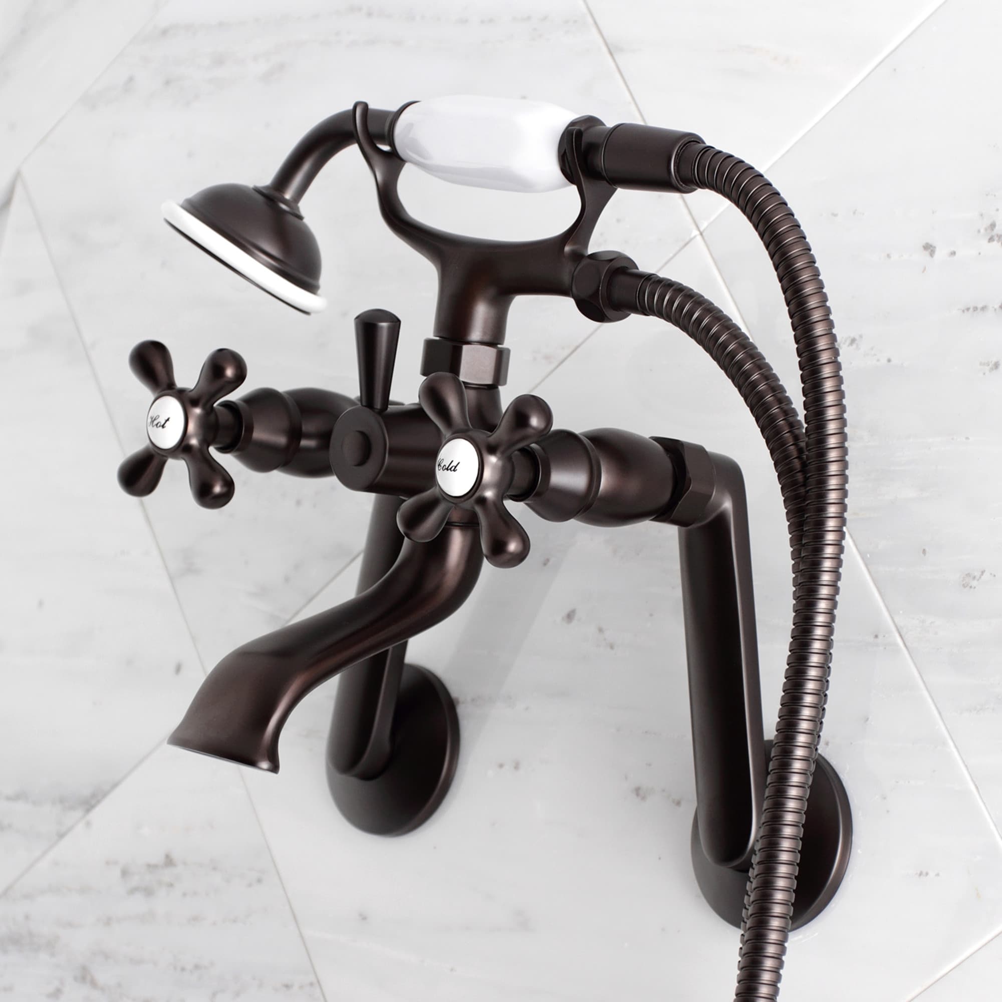 Kingston Brass WLKS269ORB Vintage Oil-rubbed bronze 3-handle Wall-mount Low-arc Bathtub Faucet with Hand Shower ( Valve Included )