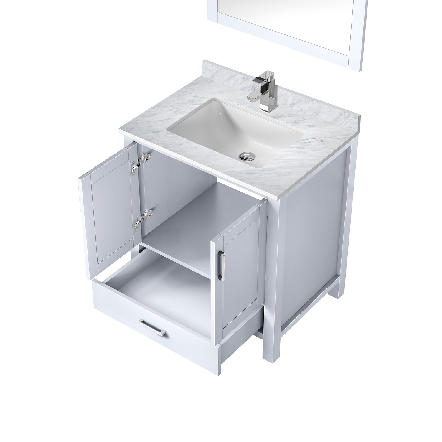 White 30" Vanity with Marble Top, Sink, Mirror, and Faucet