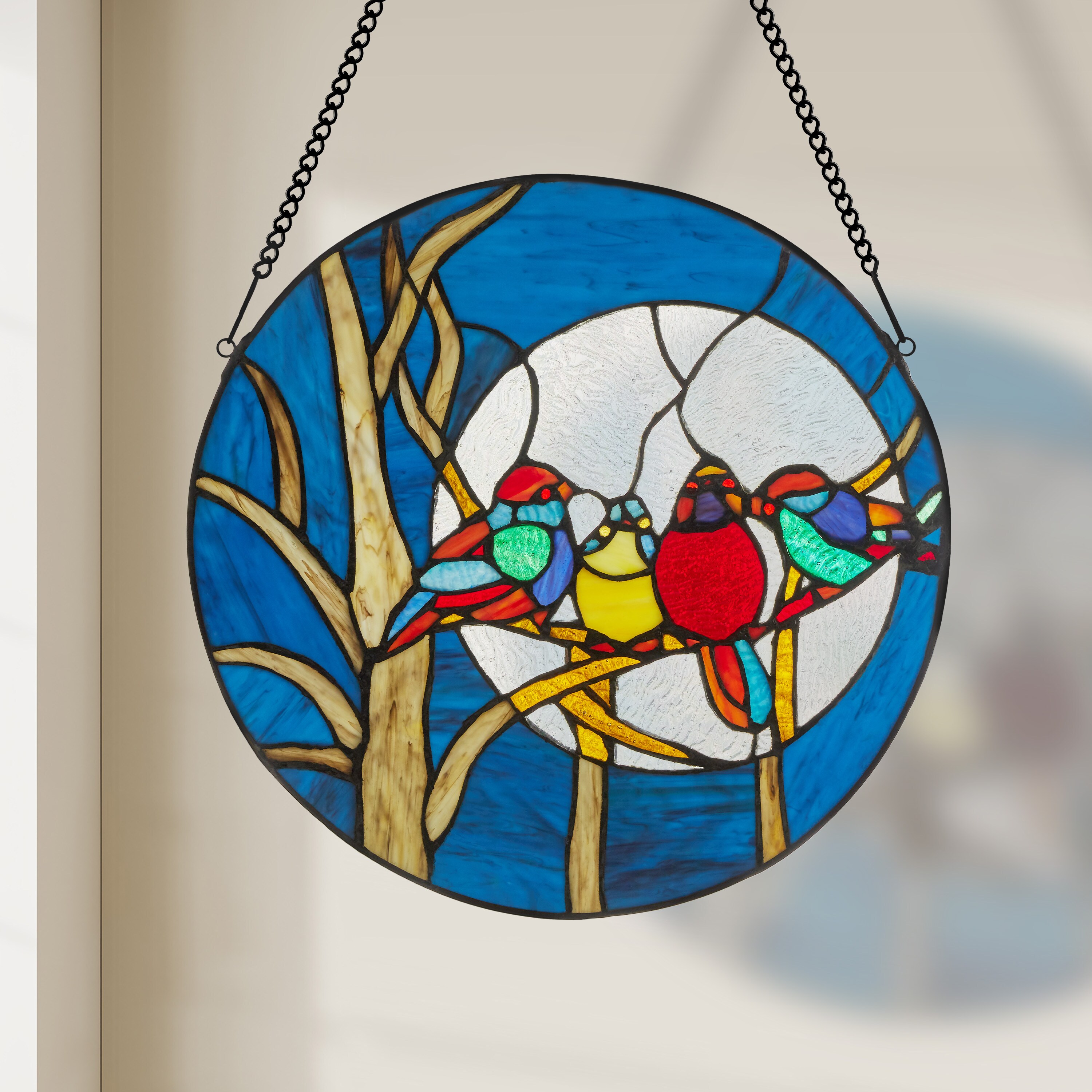 River of Goods 19424 16-Inches H x 16-Inches W Blue,Red,Yellow Stained glass, Birds Stained glass panel