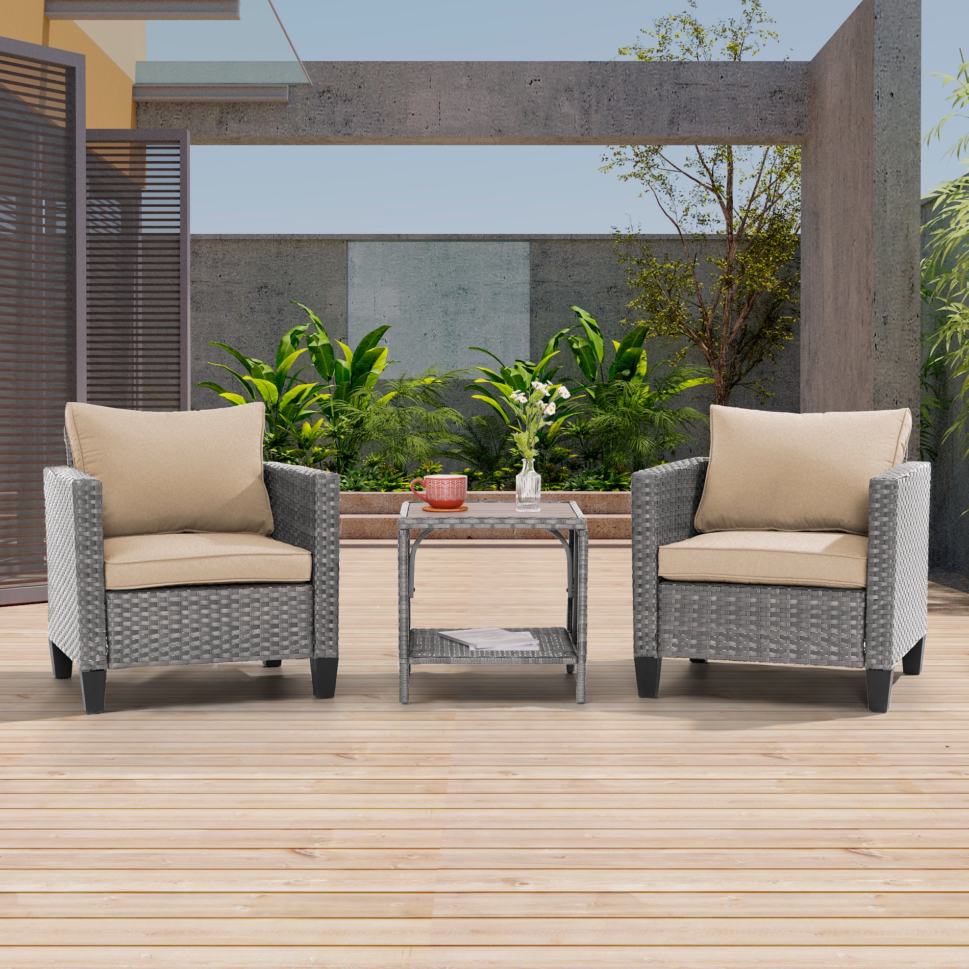 ACEGOSES LW-S1HBG 3 -Piece Wicker Patio Conversation Set with Tan Cushions