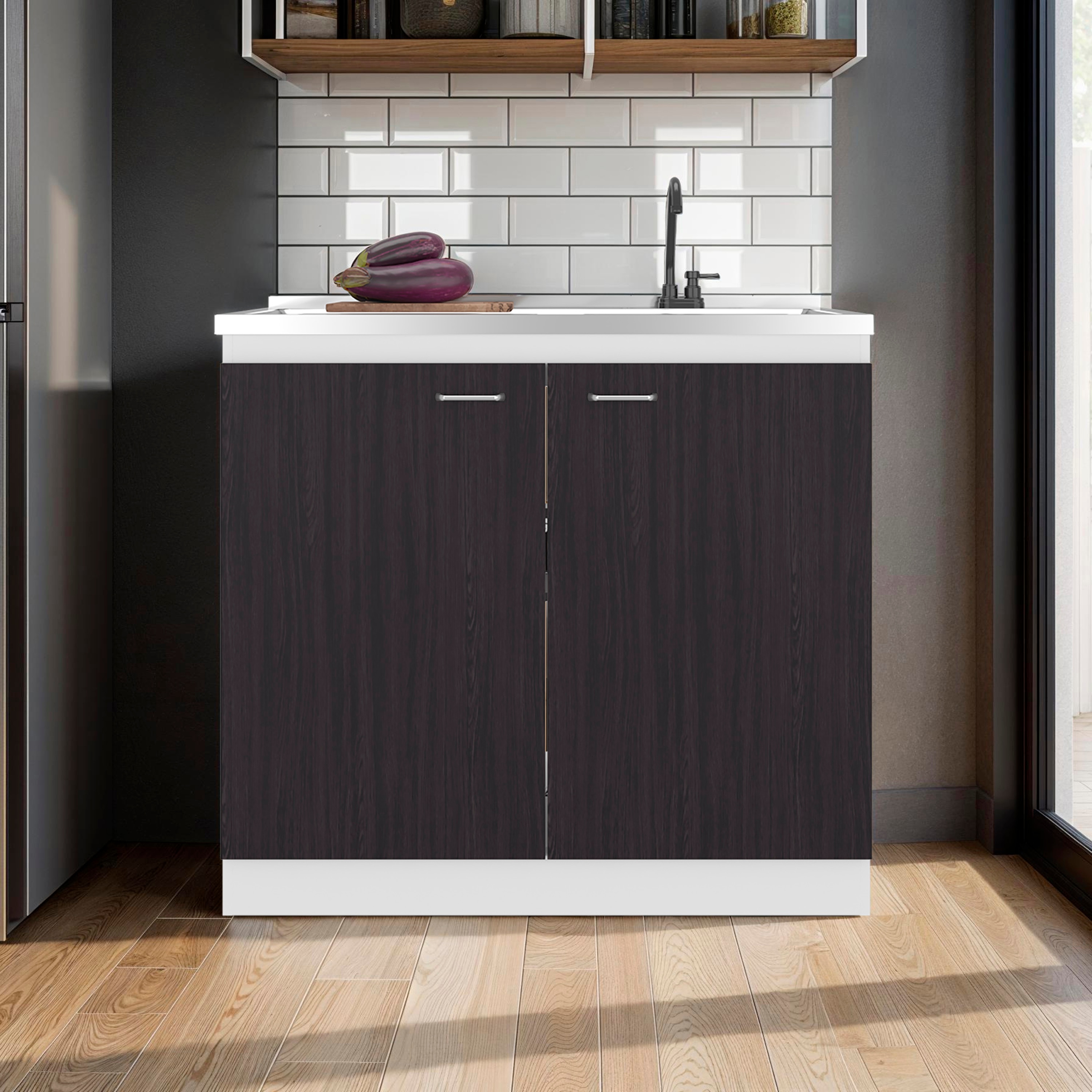 RITSU - 35.4 in White and Wenge Kitchen Storage Cabinet 2 Door Cabinet 3 Shelf Storage Organized...
