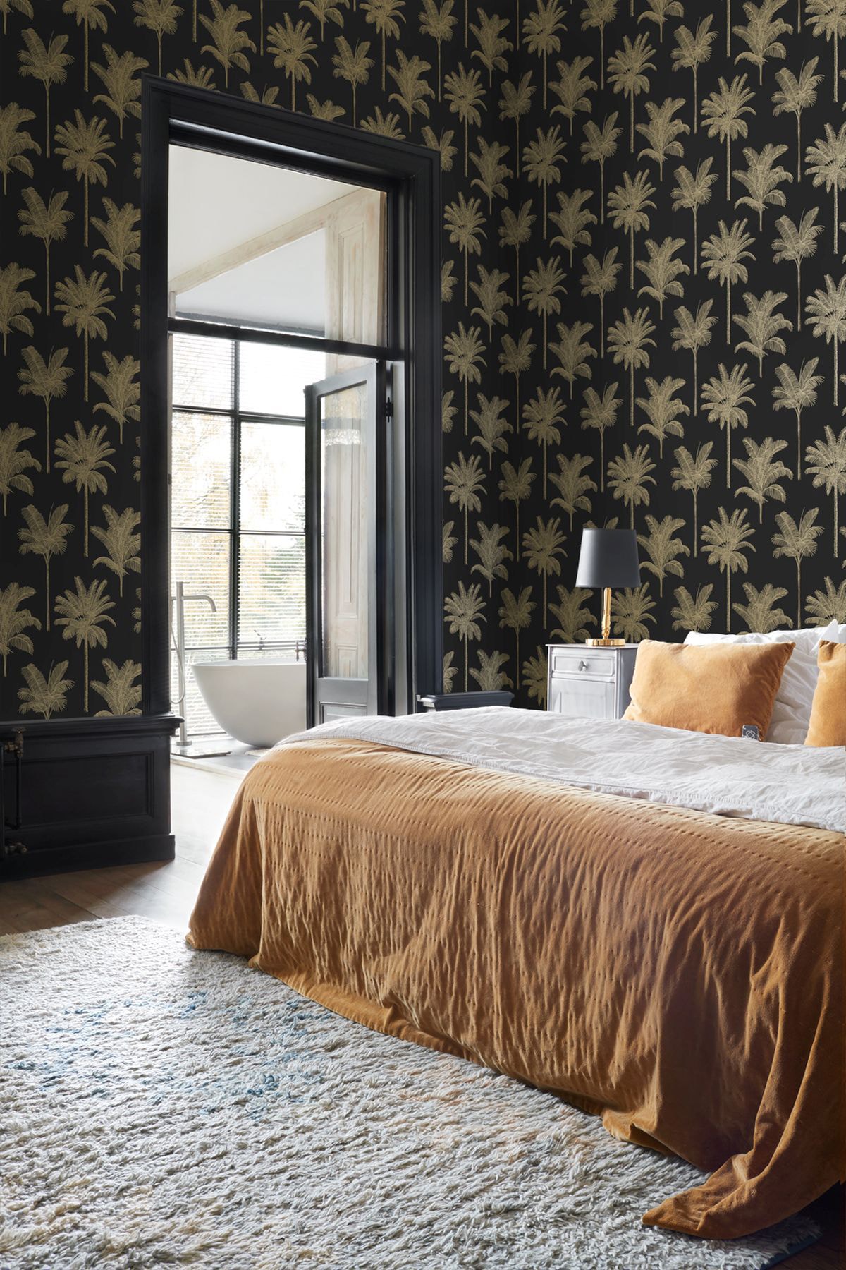 Taj Black and Gold Palm Trees Non-Woven Wallpaper