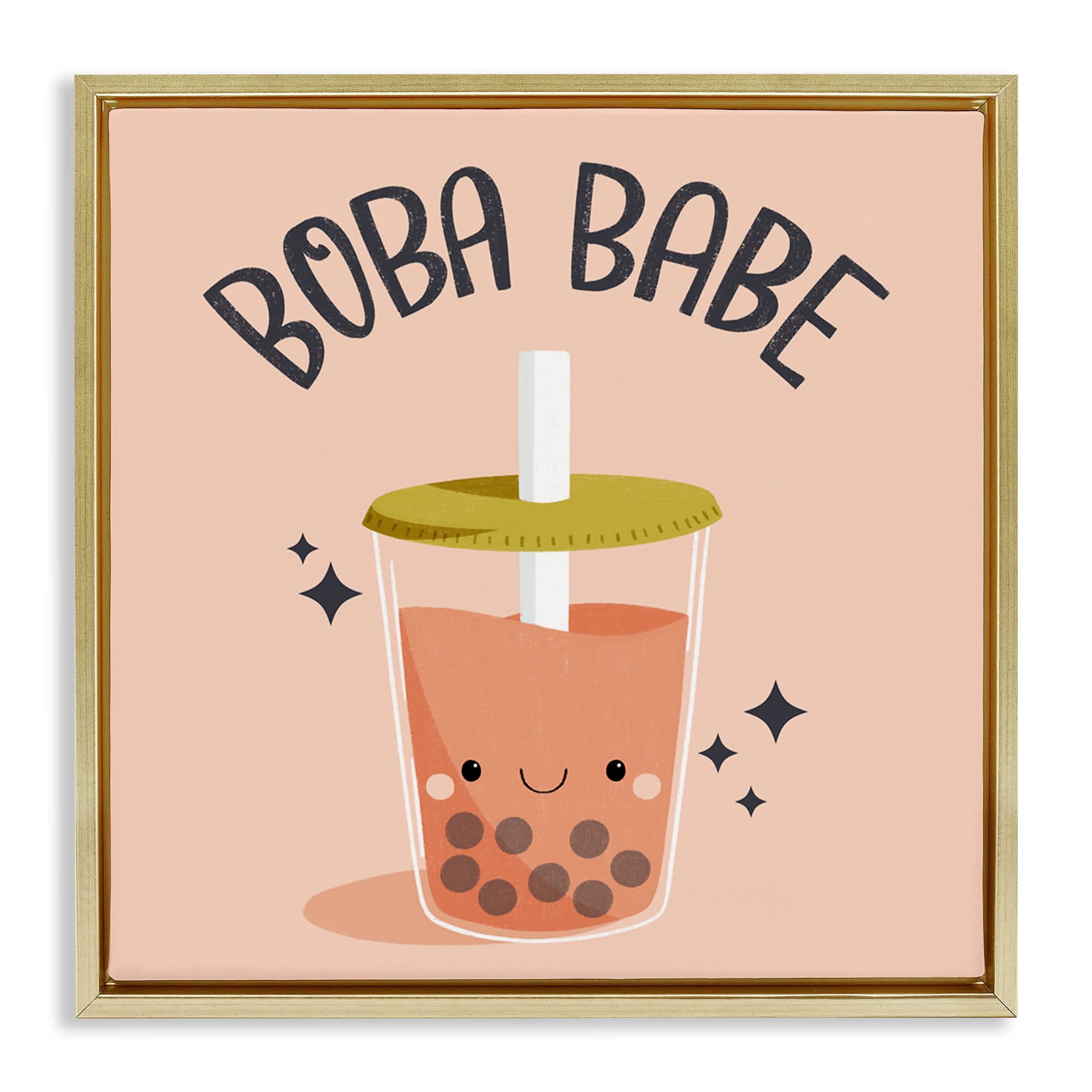 Stupell Industries BT-443-FFG-17X17 Boba Babe Bubble Tea Gold Framed Floater Canvas Wall Art By Sarah Hickman 18 x 18