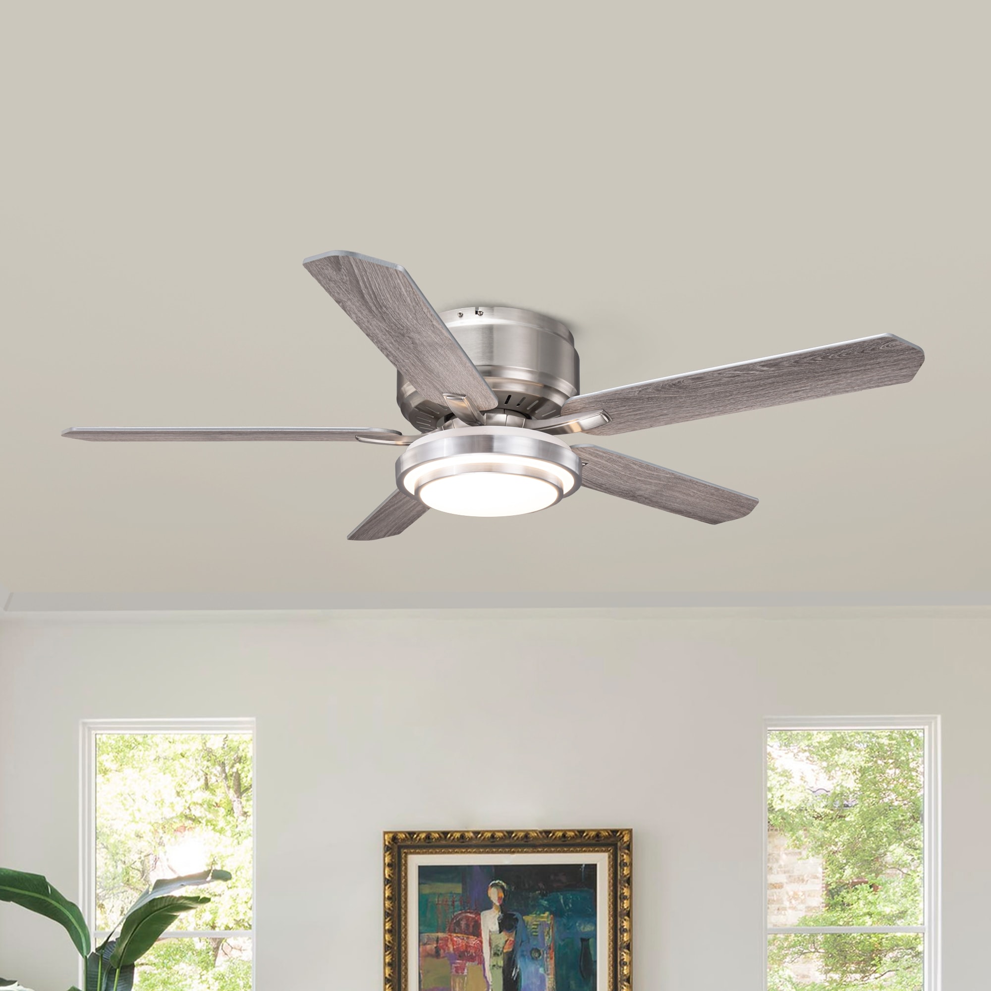 VACZON 52-in Satin Nickel with Silver Blades Flush Mount Chandelier Ceiling Fan Light Kit Compatible and Remote Control Included 5 -Blade