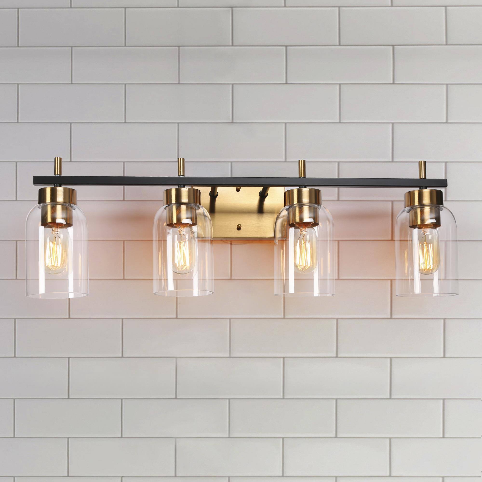 ZEVNI L3ZFE2IYW4607S87 Cylivia Mid-Century Modern 28-in 4 -Light Polished Brass Transitional Vanity light bar