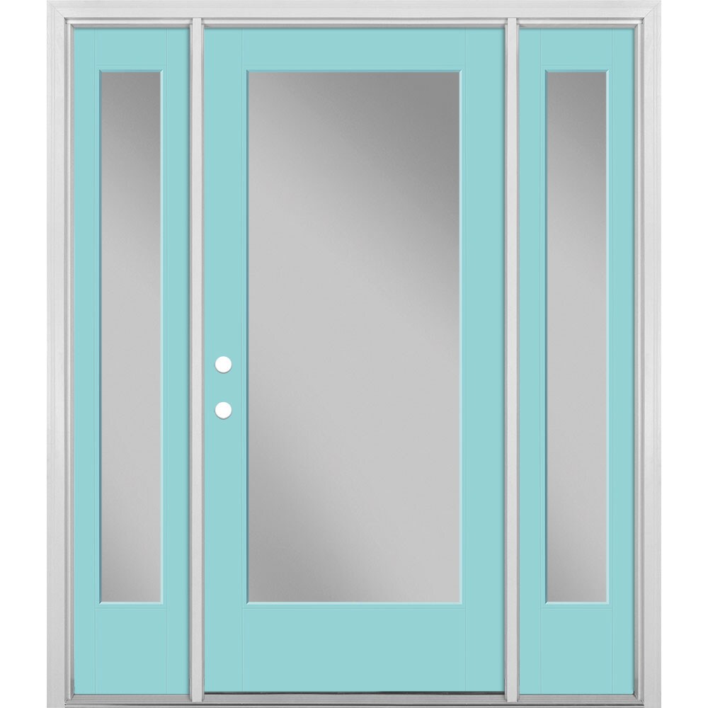 Masonite 1523962 64-in x 80-in x 4-9/16-in Fiberglass Full lite Right-hand inswing Caribbean Blue Painted Prehung Front Door with Sidelights with Brickmould Insulating core
