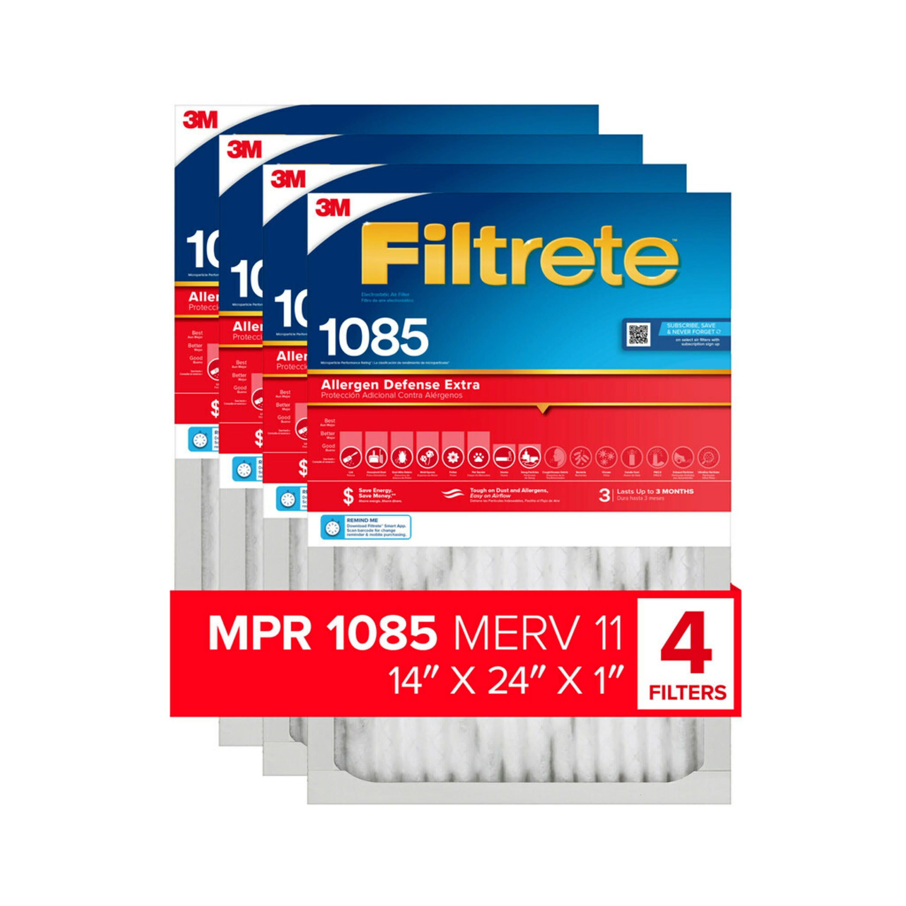 14-in W x 24-in L x 1-in 11 MERV 1085 MPR Allergen Defense Extra Electrostatic Pleated Air Filter (4-Pack) | - Filtrete 1223-4