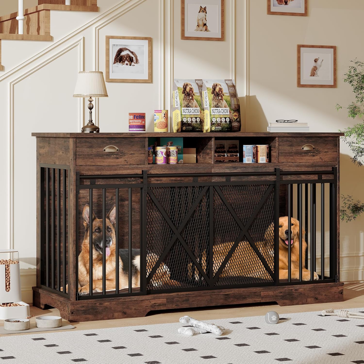 GAOMON Double Dog Crate Furniture - 63 inch Large Dog Kennel Furniture with Divider and Sliding Doors - Heavy Duty Dog Kennel Furniture with Drawers and Shelves for Living Room - Retro Brown