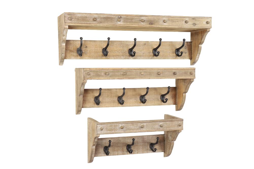 Grayson Lane Farmhouse Style Large Whitewashed Natural Wood Wall Racks With Metal Hooks Set Of 3 34 8221 X 11 5 26 20 In The Decorative Department At - Large Wood Wall Hooks