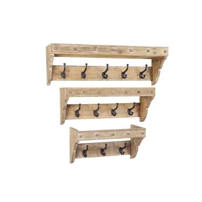 Grayson Lane Farmhouse Style Large Whitewashed Natural Wood Wall Racks With Metal Hooks Set Of 3 34 8221 X 11 5 26 20 In The Decorative Department At - Large Wooden Wall Hooks