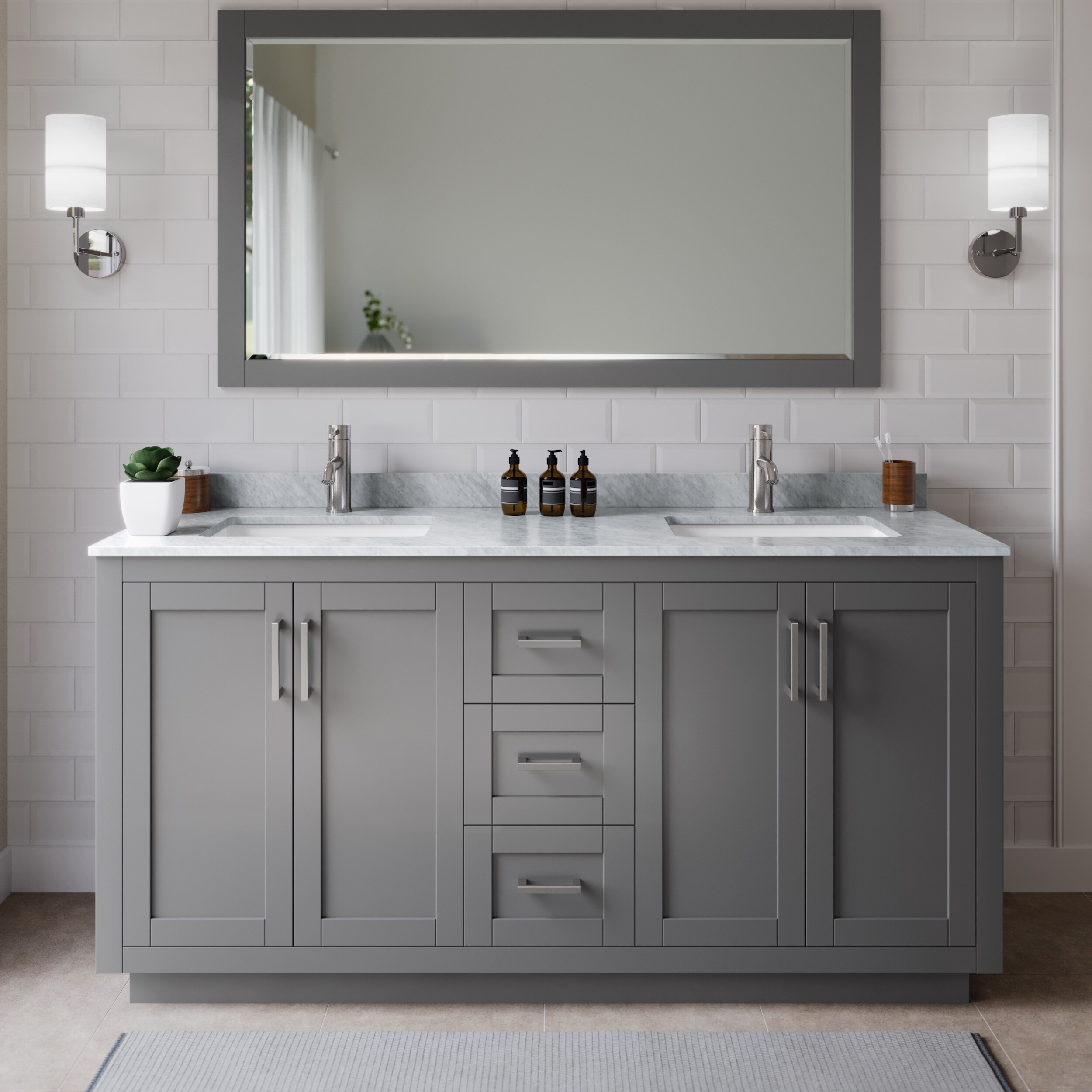 Wyndham Collection WCF292966DKGCMUNSM58 Miranda 66-in Dark Gray with Brushed Nickel Trim Undermount Double sink Bathroom Vanity with White Carrara Marble Marble Top (Mirror Included)