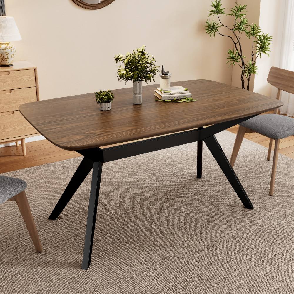 Coolbibila - 59 in Dark Walnut Modern Rectangular Faux Wood Top Rubberwood Dining Table with Cros...