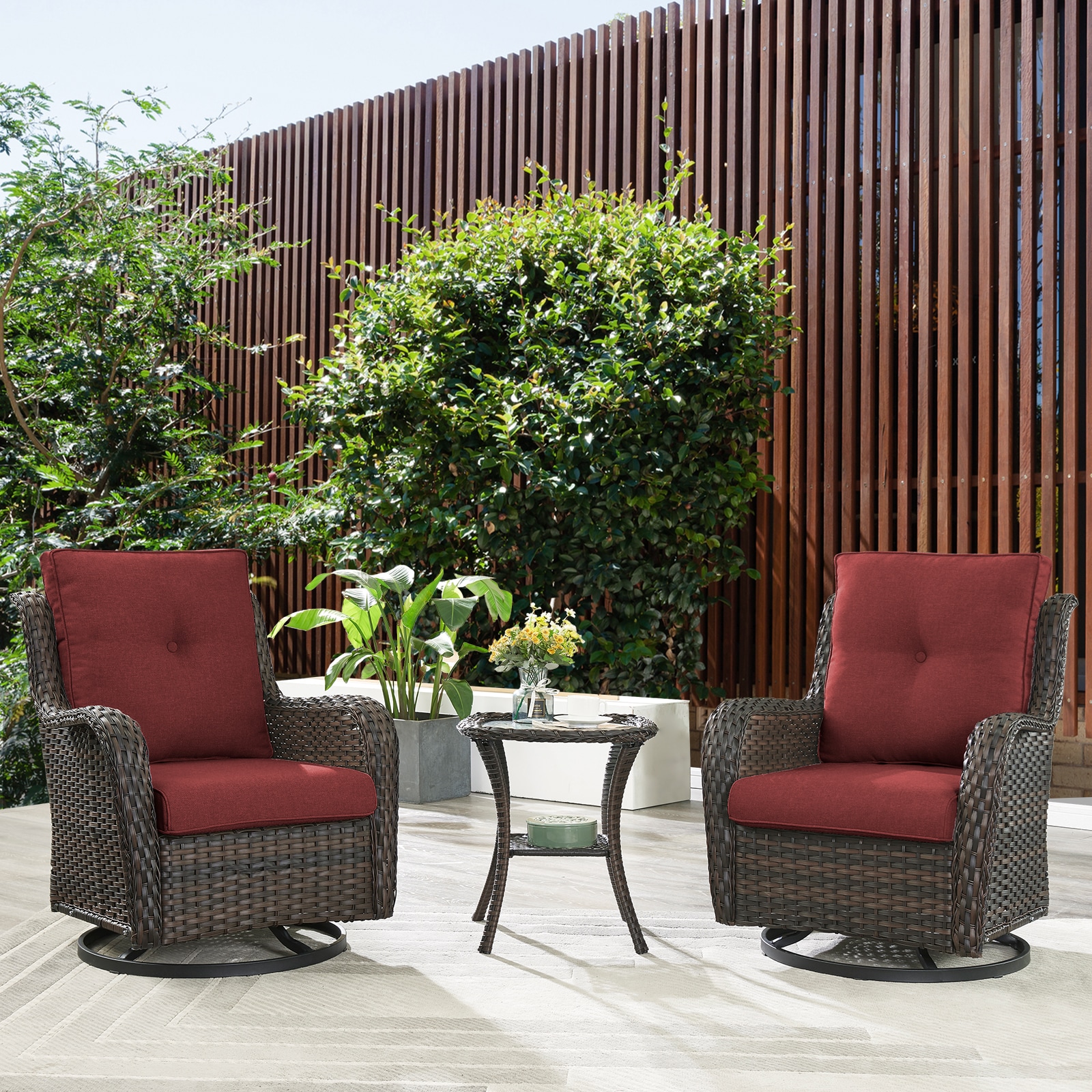  PA035-5 PACHAIRS-T Set of 2 Wicker Brown Steel Frame Swivel glider Conversation Chair with Red Cushioned Seat