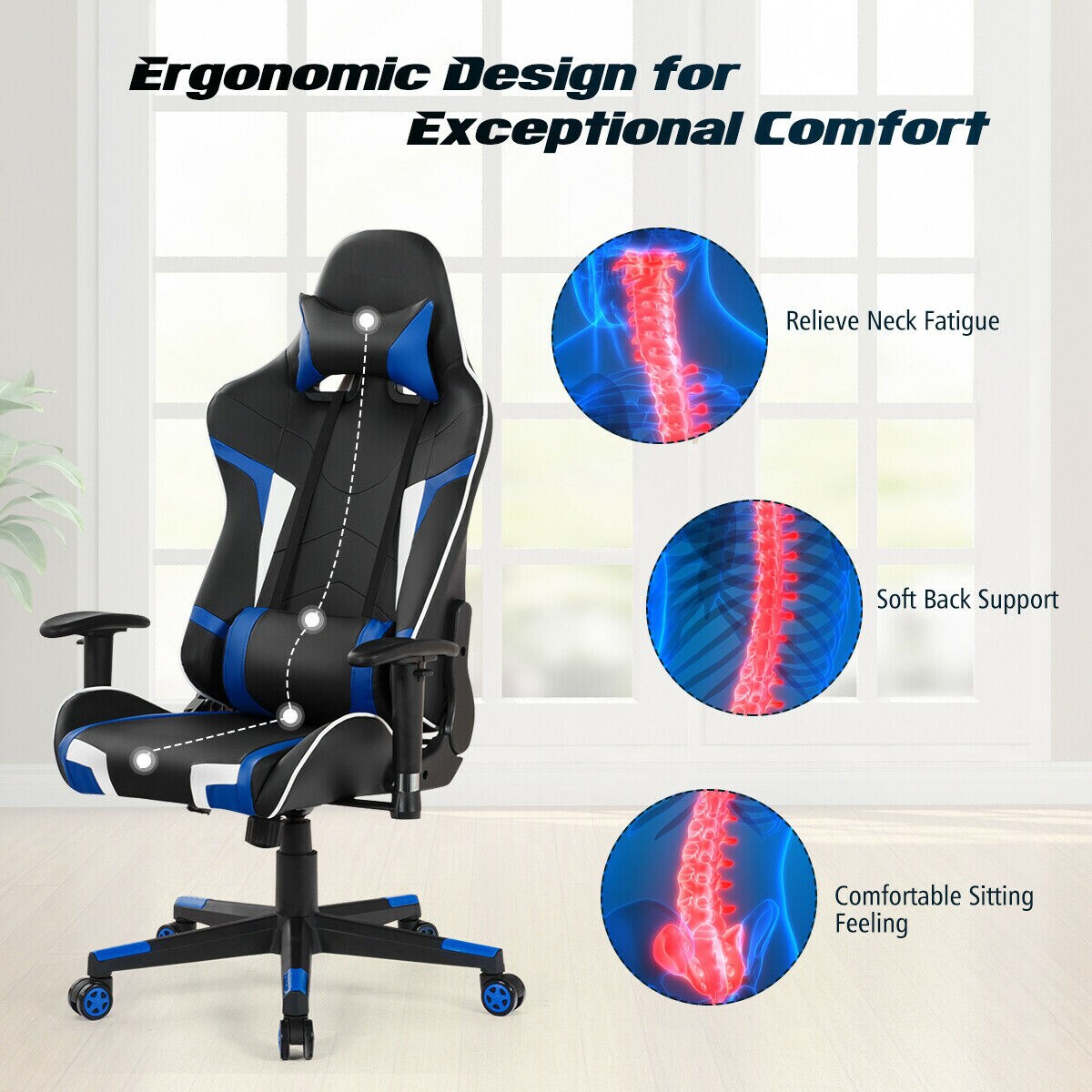 WELLFOR Office Chair Black and Blue Contemporary Ergonomic Adjustable Height Swivel Faux Leather Gaming Chair | HWY-HW66185BL